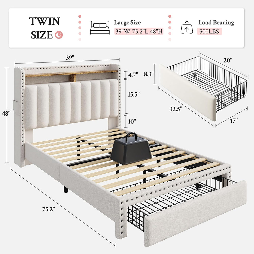 EnHomee Twin Fabric Upholstered Bed Frame with 2-Tier Vertical Channel Tufted Headboard and 2 Storage Drawers, Extra Storage Space for Bedroom Apartment, Beige