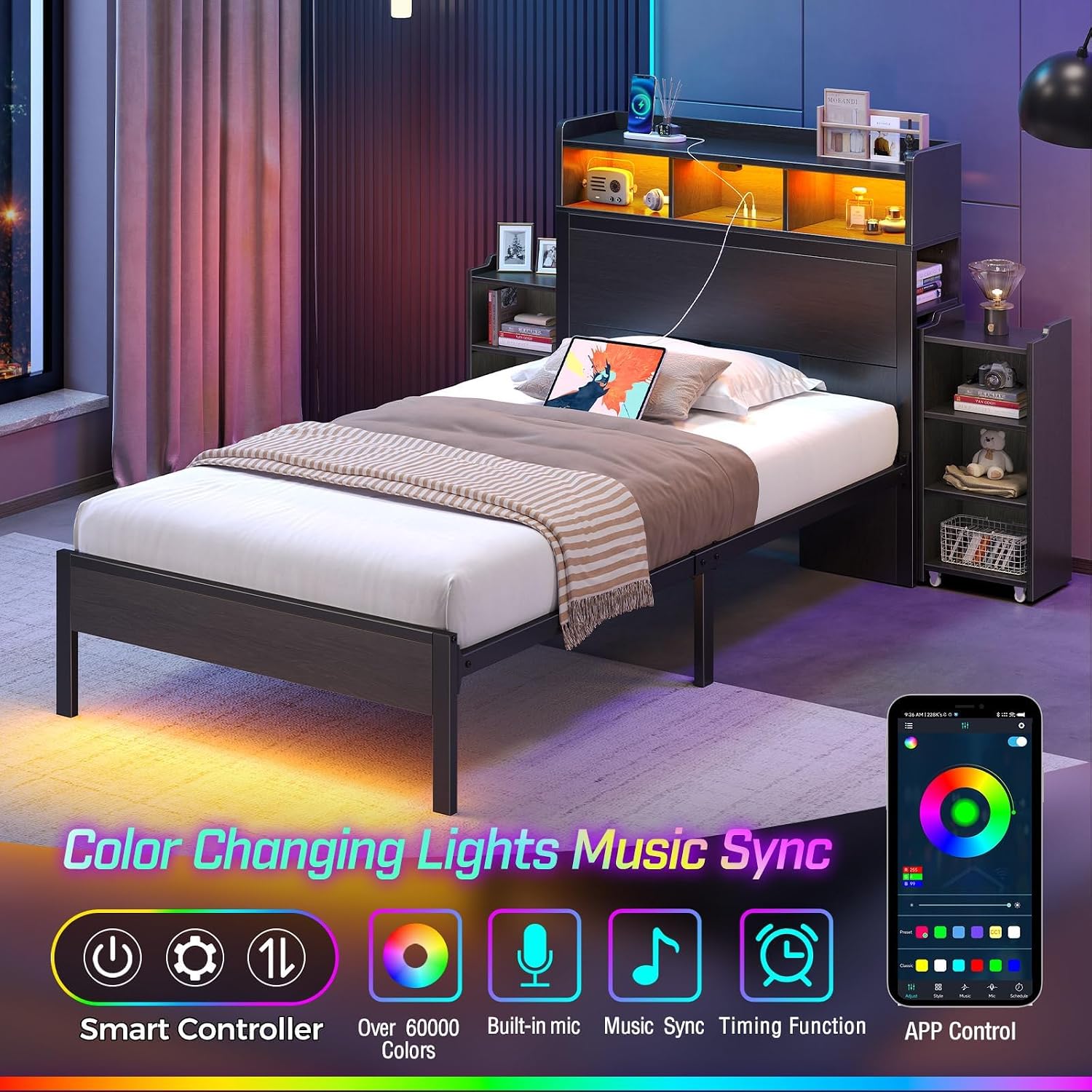 Rolanstar Twin Bed Frame with Bookcase Storage Headboard, Slide Out Bedside Storage, Bed with Charging Station & LED Lights, Heavy Duty Metal Slats, No Box Spring Needed, Noise Free, Black