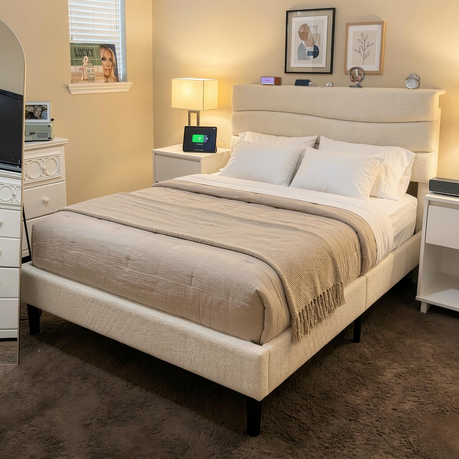 EnHomee Full Size Bed Frame with Adjustable Height Upholstered Headboard, 3 USB Charging Ports, Noise-Free Platform Bed, No Box Spring Needed, Beige