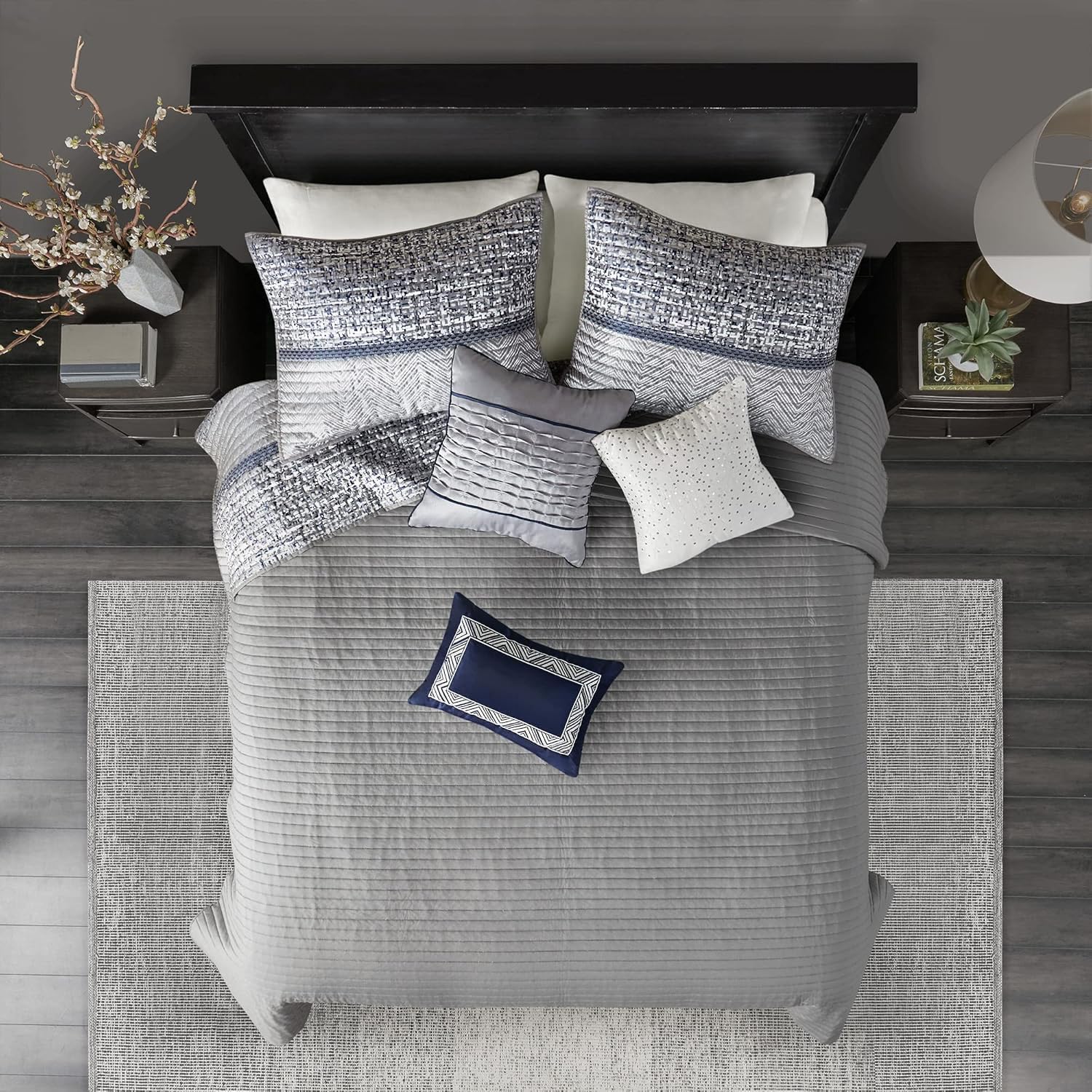 Madison Park King Quilt Set - Lustrous Jacquard & Glitter Accent Coverlet Set for King Size Bed - All Season, Lightweight, Shams, Decorative Pillow, Chevron Grey/Navy
