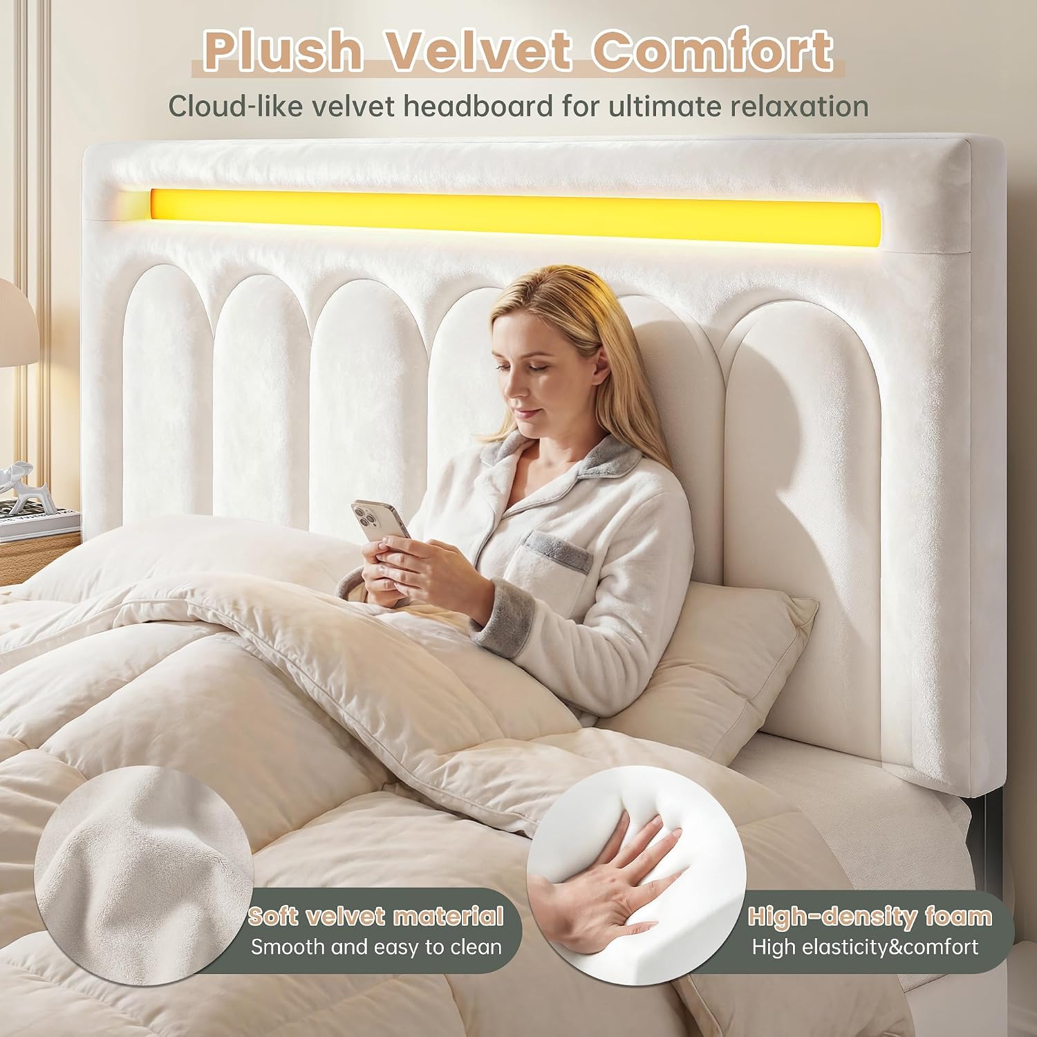Homkdom Velvet Upholstered Full Size Bed Frame with 4 Storage Drawers, Vertical Arched LED Headboard, Sturdy Wood Slats Support, No Box Spring Needed, Beige