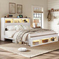 Albott Farmhouse King Size Bed Frame with Storage/Bookcase Headboard & Footboard, Wood Platform Bed with LED Lights/Charging Station, Heavy-Duty Metal Support/No Box Spring Needed/Noise-Free, White