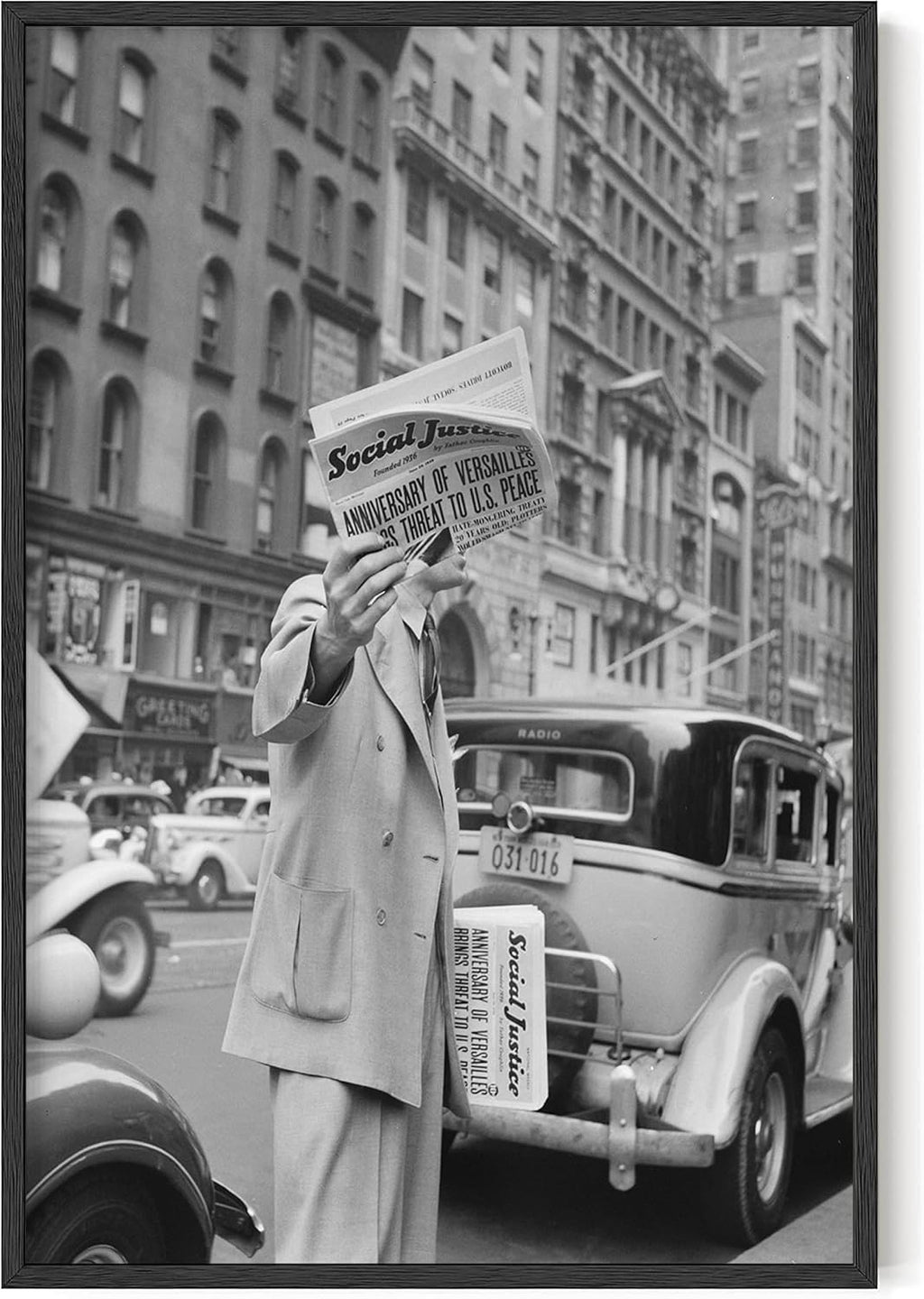 Vintage Black and White Street Photography Wall Art Man Holding Social Justice Newspaper 24x36 Inch Oak Wood Black Framed Mid Century Journalism Print for Study