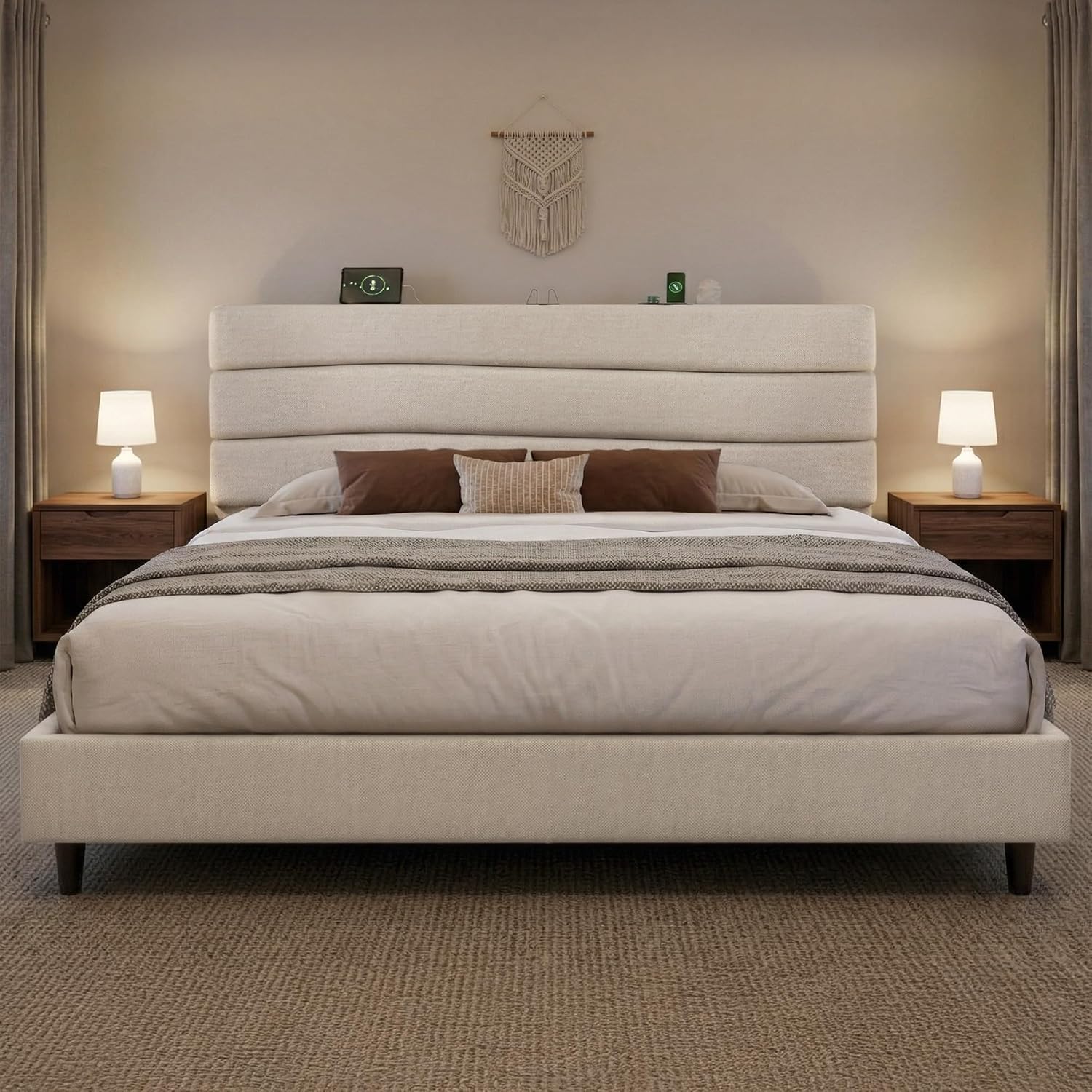 EnHomee King Bed Frame with Adjustable Height Headboard, 3 USB Charging Ports, Upholstered Platform Bed for Bedroom Apartment Dorm, Noise-Free, No Box Spring Needed, Beige