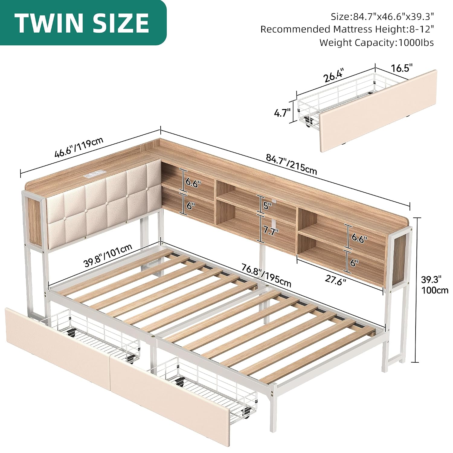 Twin Corner Bed Frame with Storage Drawers and Bookcase & Flip-up Storage Headboard, Twin Size Platform Corner Bed Frame with Charging Station and LED Lights, Twin Daybed for Dorm or Guests, Beige