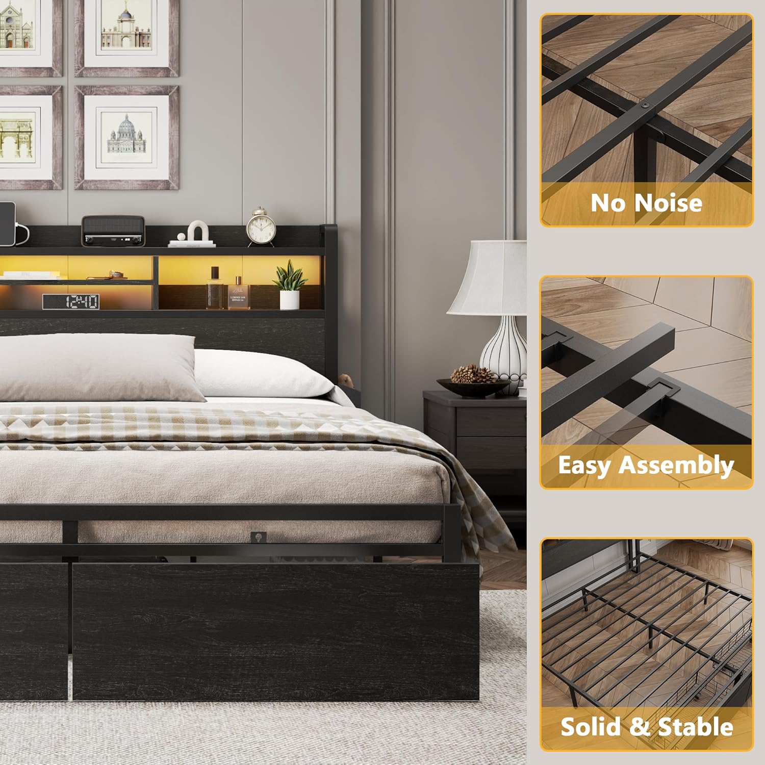 Furnulem King Bed Frame with Wood Headboard & Storage Drawers, Metal Platform Bed Frames King Size with LED Lights, Built in Charging Station, No Box Spring Needed, No Noise, Easy Assembly, Black
