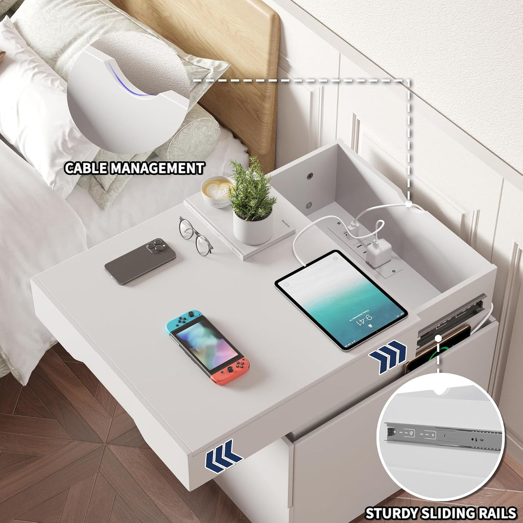 YESHOMY Nightstand with LED Light and Charging Station, Endtable with 3 Drawers, Bedside Table with Large Capacity, for Bedroom, Set of 2, 27.5' Height, White