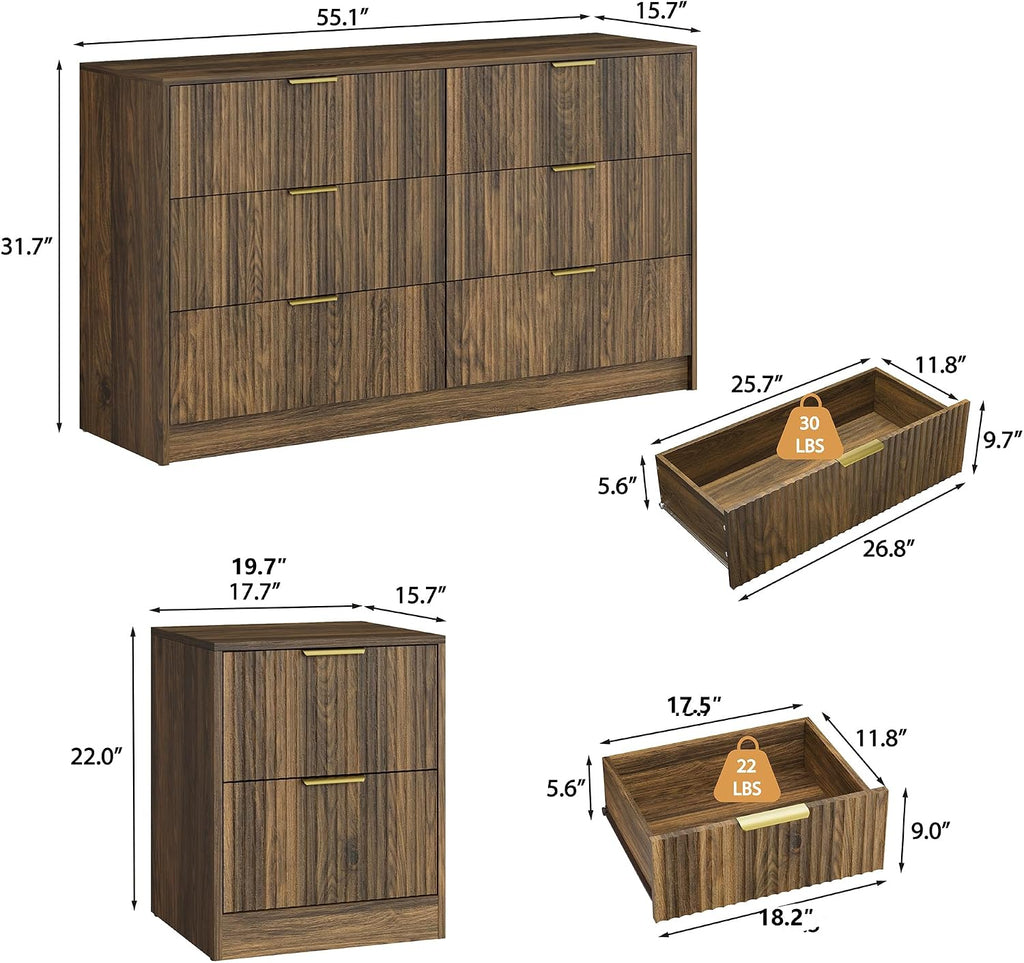 3-Piece Modern Bedroom Furniture Set, Wide 6-Drawer Dresser & 3-Drawer Nightstands Set of 2, Natural Wood Dresser and Nightstand Sets for Bedroom, Hallway, Walnut