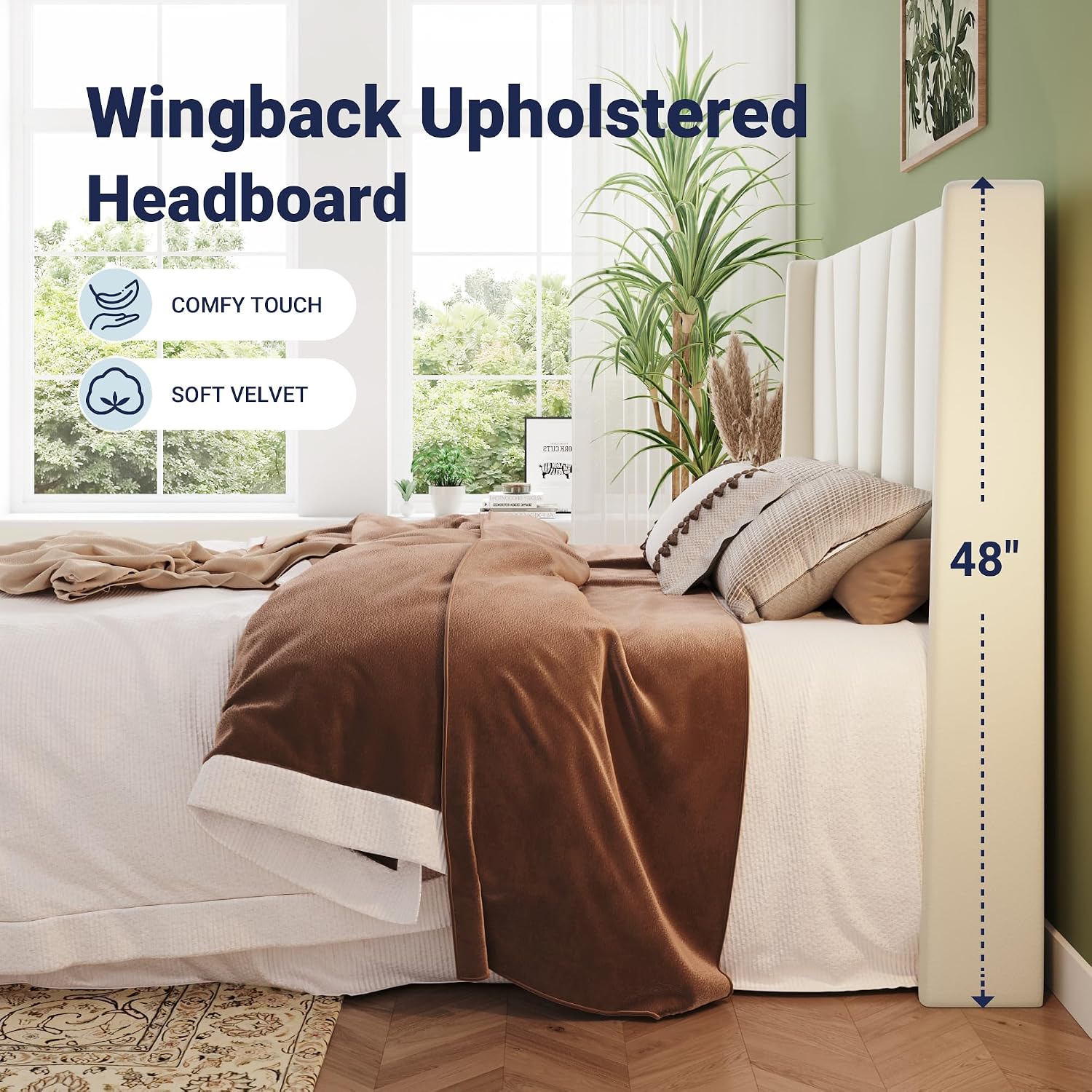 Allewie Queen Size Platform Velvet Bed Frame with Geometric Wingback Headboard, Boho Upholstered Bed with Wooden Slats Support, No Box Spring Needed, Easy Assembly, Cream