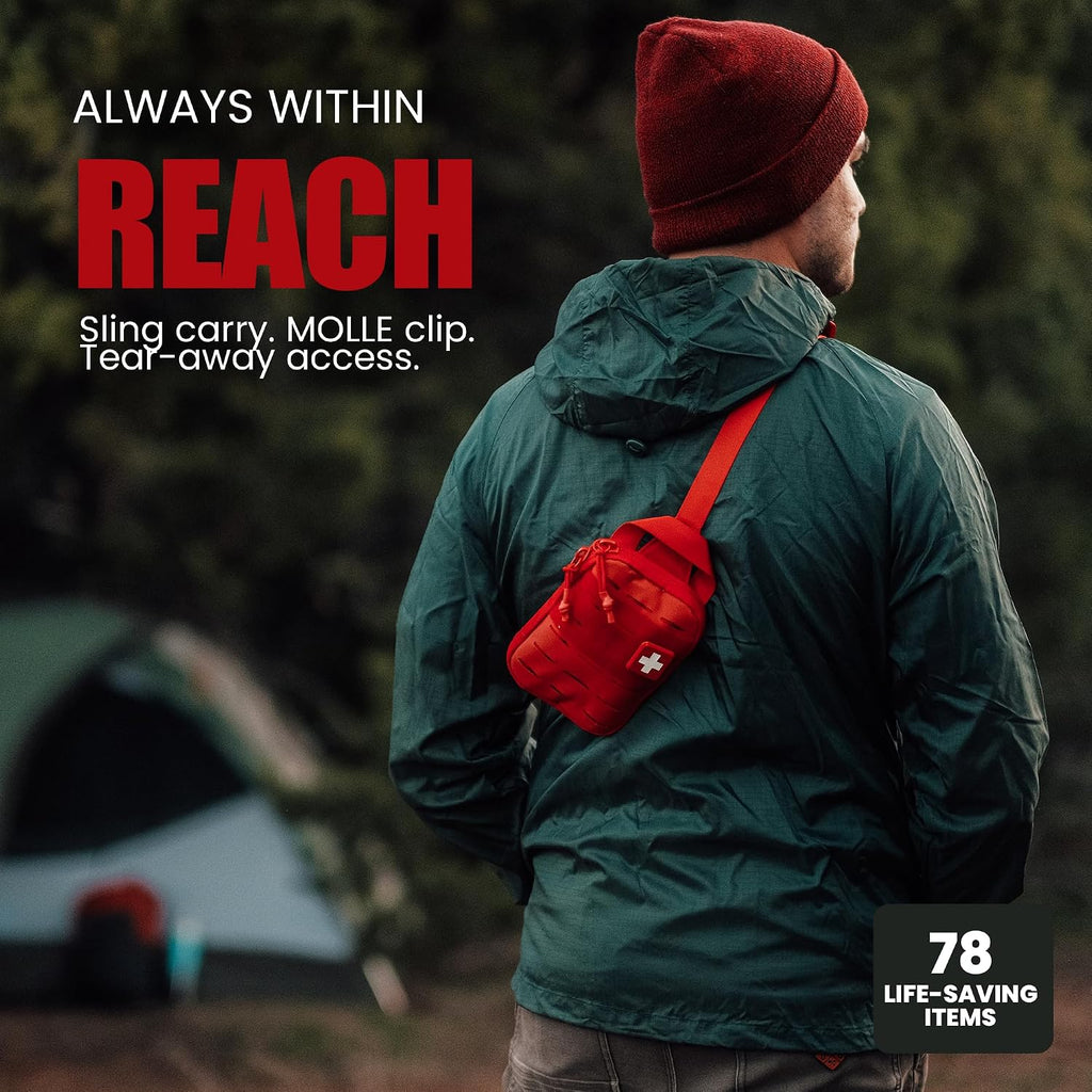 My Medic Sidekick Pro - Camping Hiking and Backpacking First Aid Kit - 70 Items with Tourniquet - HSA and FSA Eligible - Small Ifak Great for Travel or Motorcycle - Portable Emergency Kit – Red