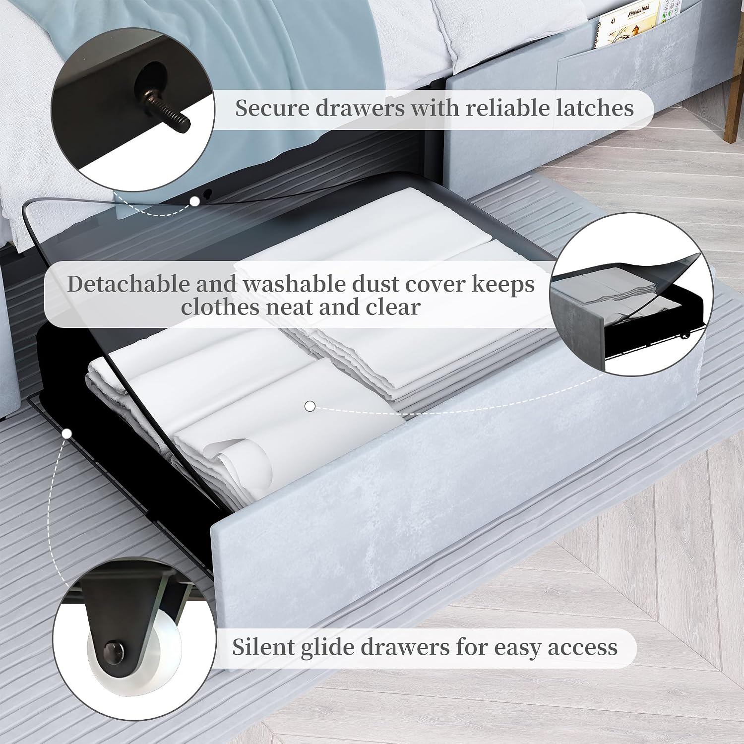 SIBEDS King Led Bed Frame with 2 Drawers, Upholstered Storage Platform Bed Frames with Crystal Button Tufted Headboard, Solid Slats Support, Noise Free, No Box Spring Needed, Velvet Grey
