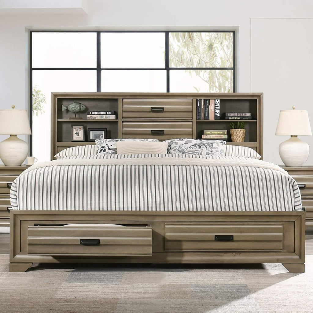 Roundhill Furniture Loiret Wood Storage Platform King Bedroom Set with Dresser, Mirror, Two Nightstands, Chest, Light Gray