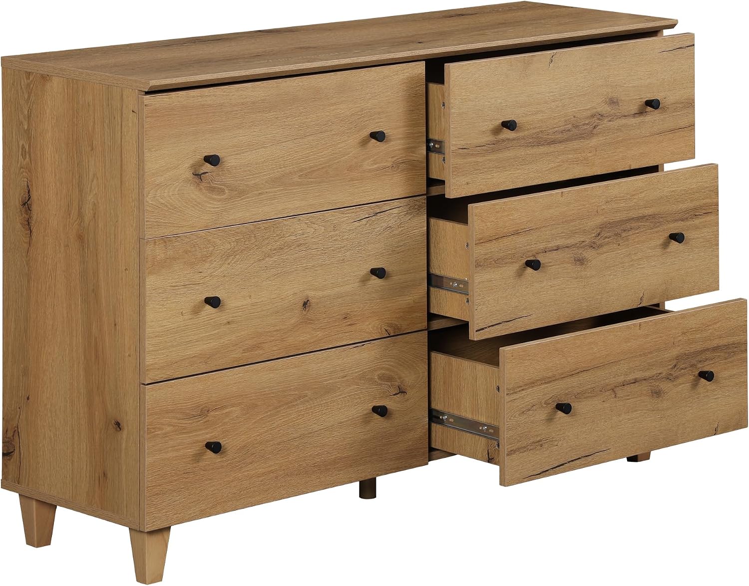 WAMPAT Dresser and Nightstands Set of 3, 47.2 Inches Wood Dresser with 6 Drawers, 2 Pieces Nightstands with Drawers and Charging Stations, Bedroom Furniture Set, Oak Brown