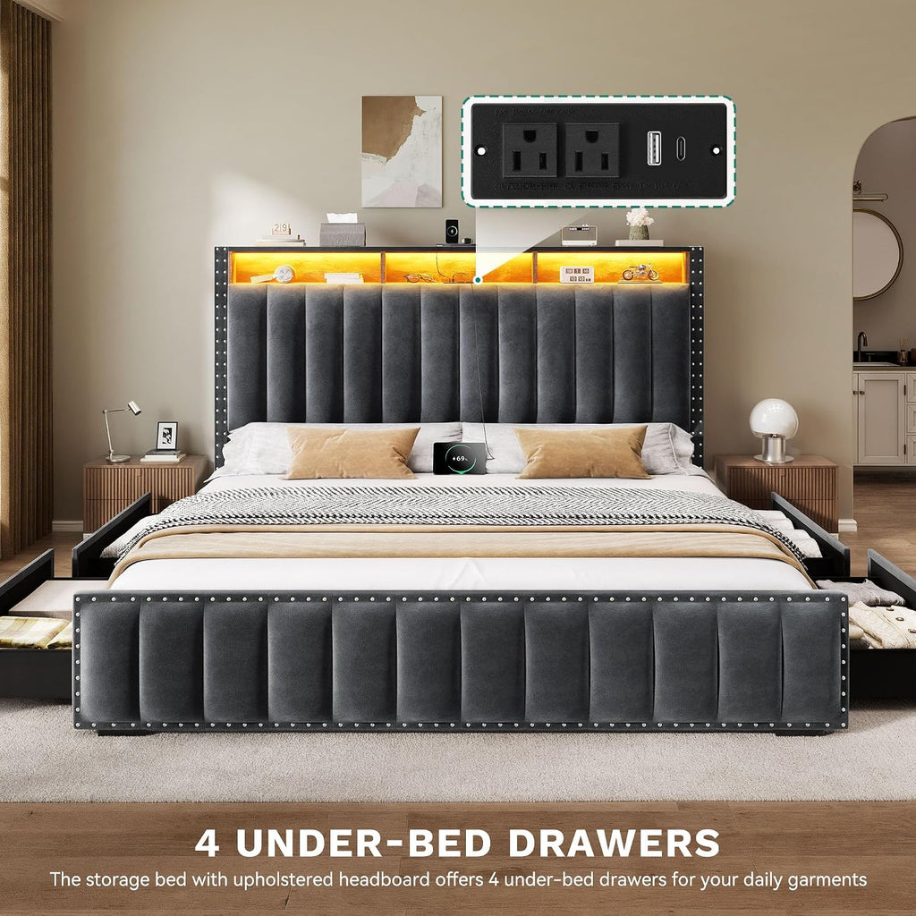 YITAHOME King Size Bed Frame wi/ 4 Storage Drawers and RGB LED Lights, Velvet Upholstered Platform Bed w/Charging Station and Bookcase Storage Headboard, No Box Spring Needed, Easy Assembly, Dark Gray