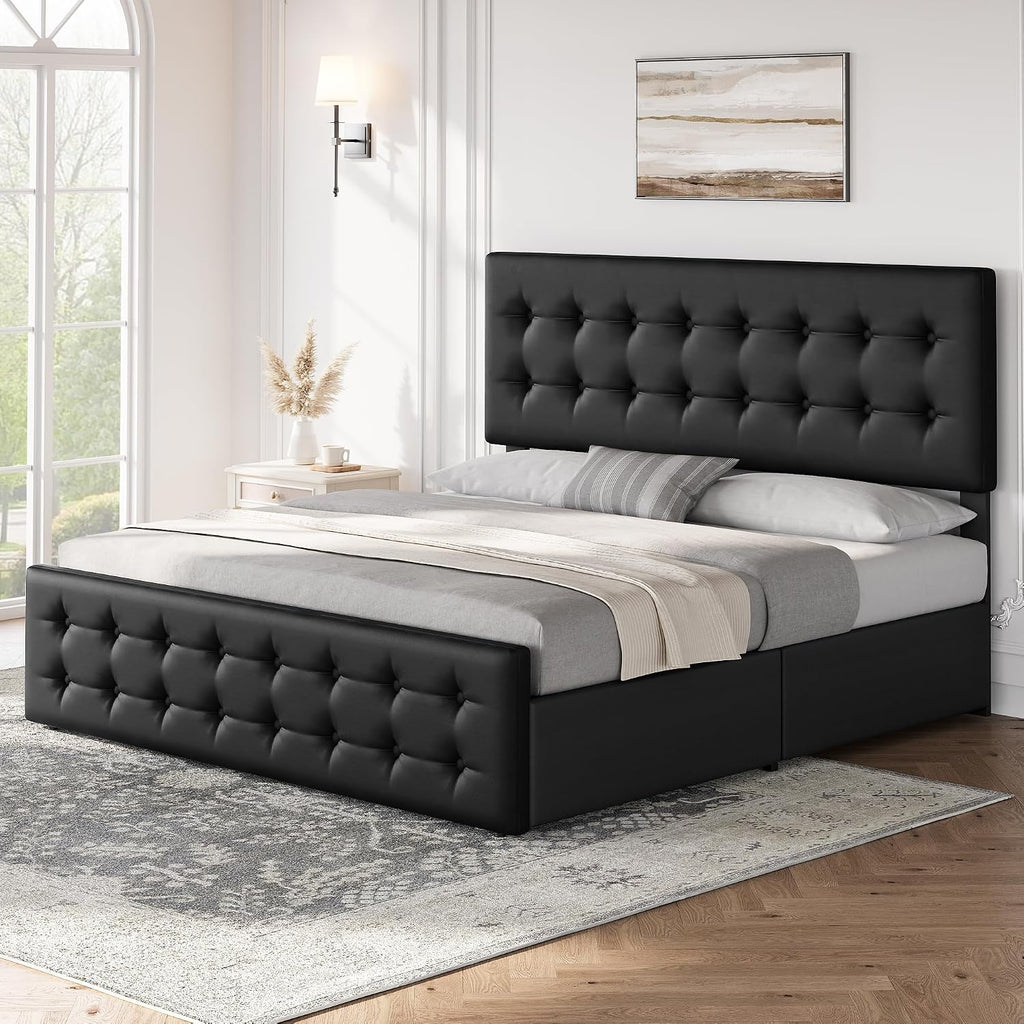 IDEALHOUSE King Size Bed Frame with 4 Storage Drawers and Headboard, Faux Leather Upholstered Platform Bed Frame with Wooden Slats Support, Button Tufted Design, No Box Spring Needed, Black