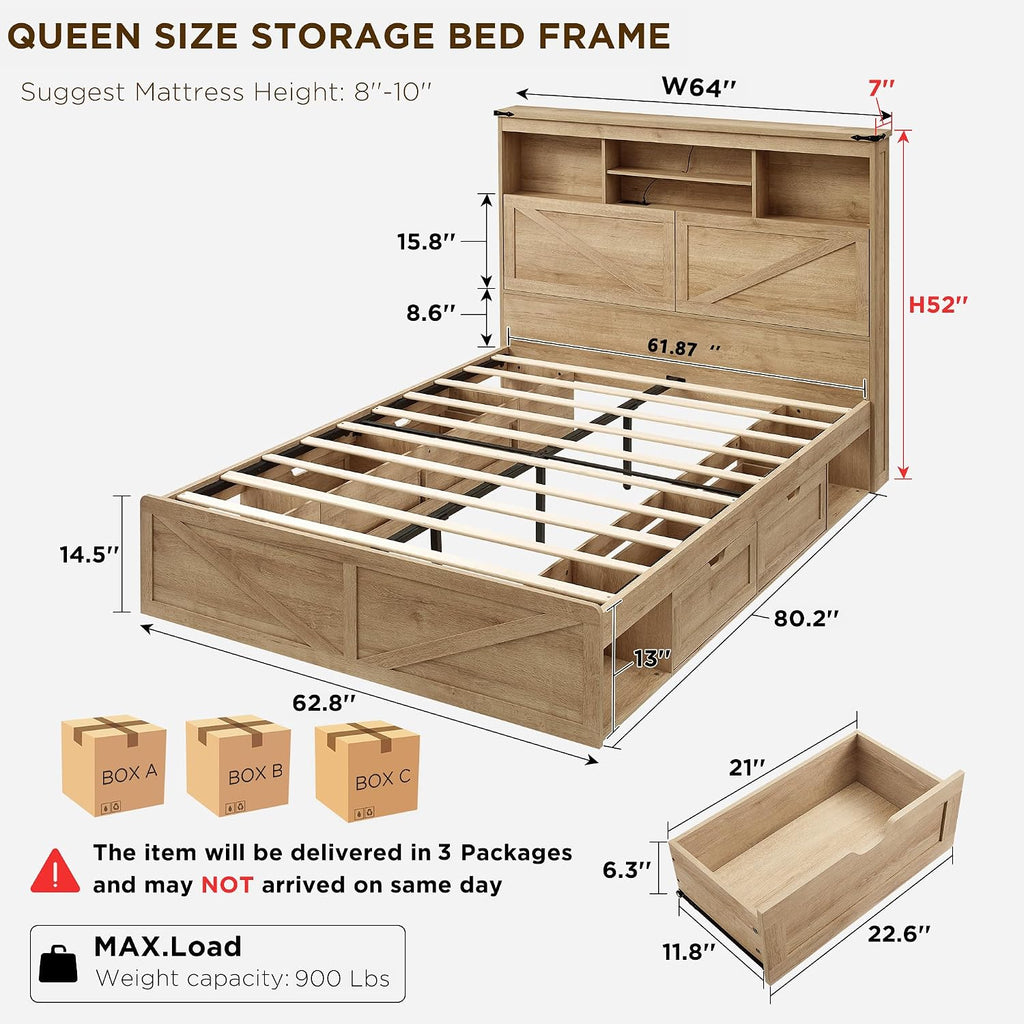 ACCOHOHO Farmhouse Queen Size Bed Frame with 52' Storage Bookcase Headboard and 4 Drawers,Wood Bed Frame with LED Light and Charging Station,Natural Oak