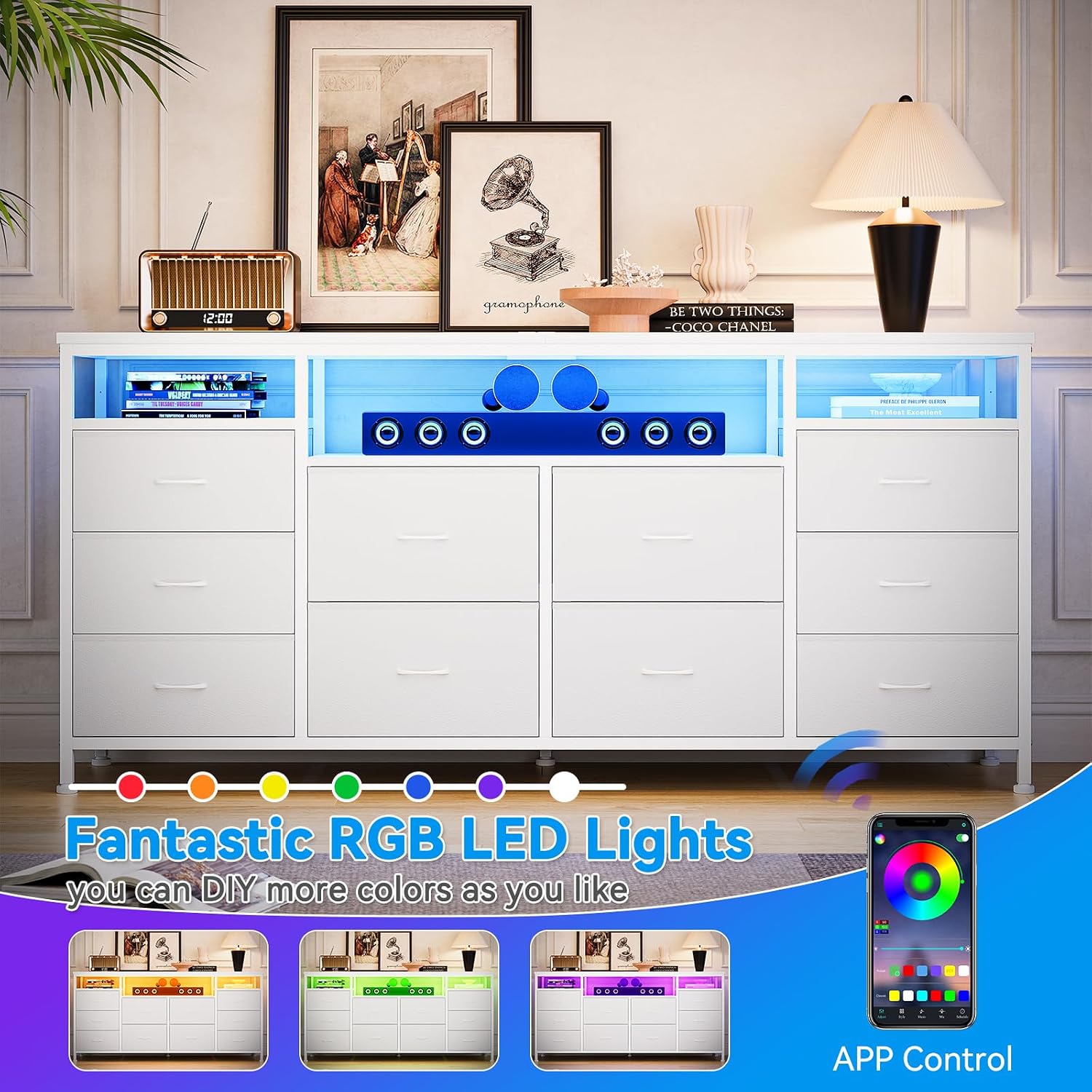 63.3 in Dresser for Bedroom, 10 Drawer Dresser Tv Stand for 65 70 75 in Tv, Fabric Chest of Drawers With Led Lights & Power Outlets, Long Entertainment Center for Closet, Living Room (White PU)