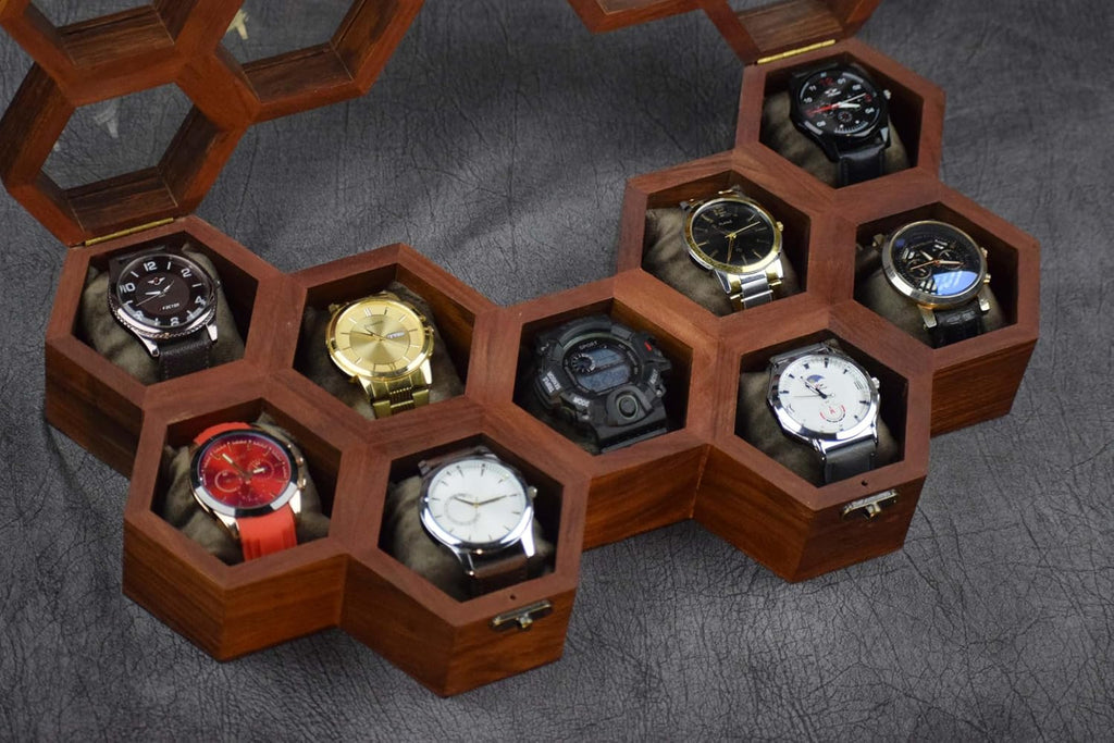 Premium Wooden Timepiece Display Case – Handcrafted Honeycomb Watch Box for Men in Superior Indian Rosewood | Hinged Glass Cover – Father's Day Gift – Luxury Built to Last