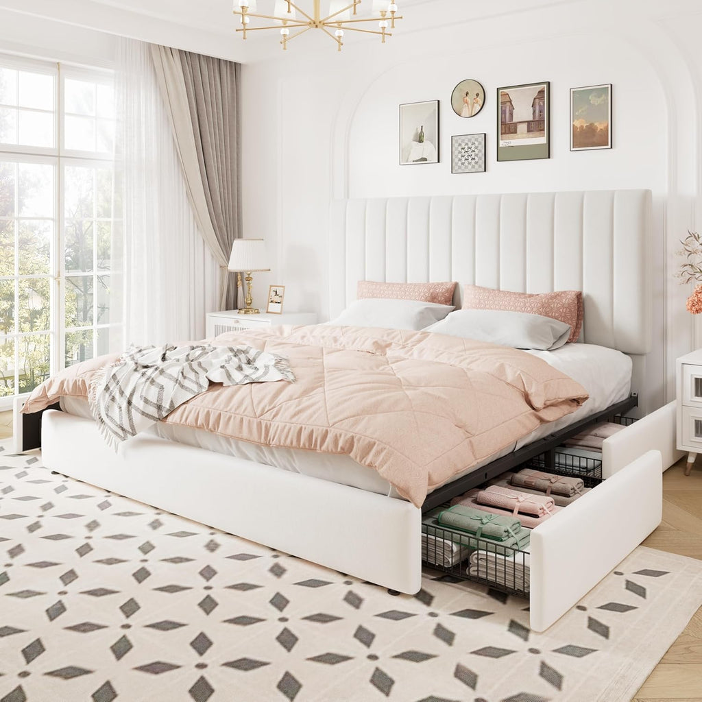 Allewie King Size Storage Bed Frame, Vertical Channel Tufted Adjustable Headboard, Velvet Upholstered Platform Bed with 4 Oversized Underbed Drawers, Wooden Slats Support, No Box Spring Needed, White