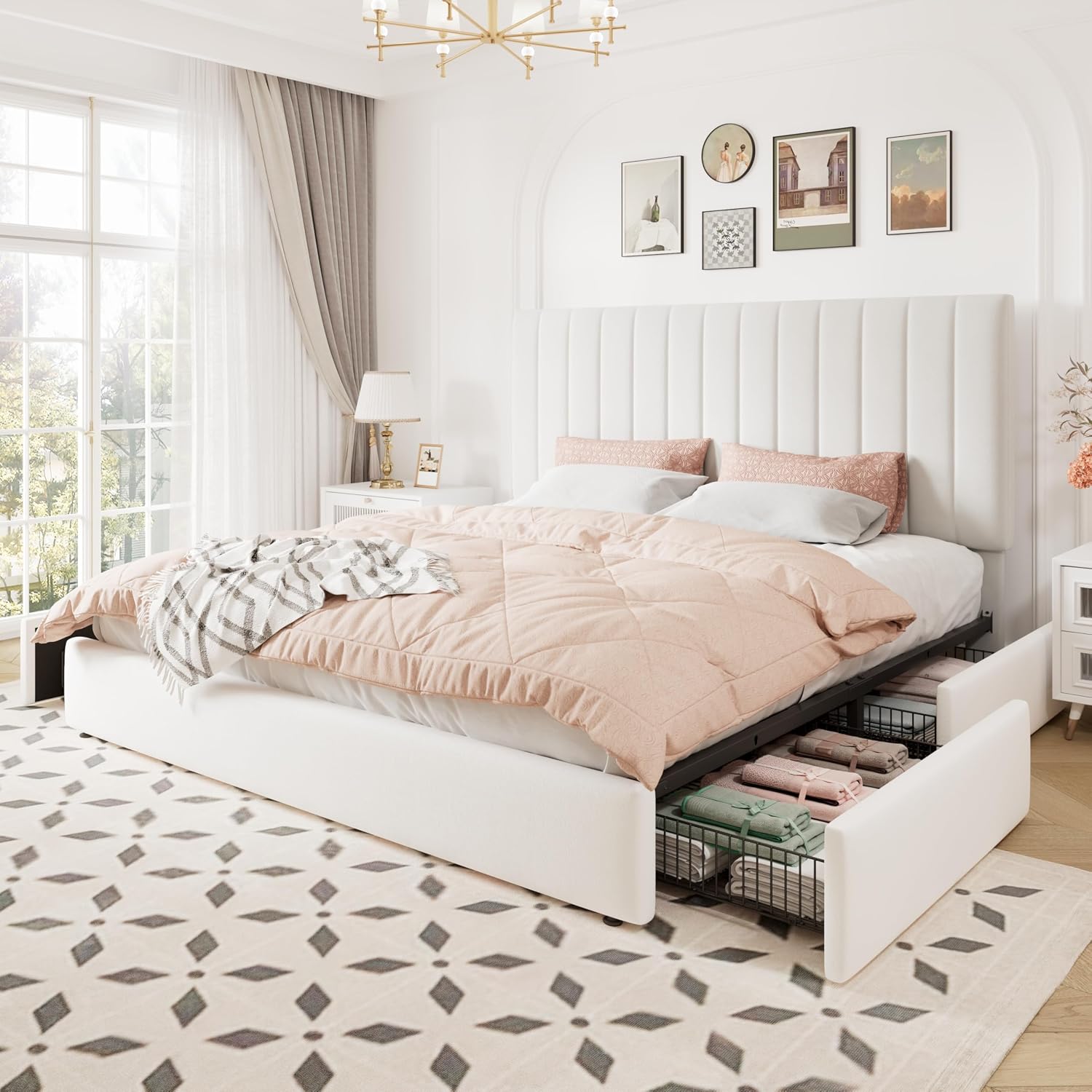 Allewie King Size Storage Bed Frame, Vertical Channel Tufted Adjustable Headboard, Velvet Upholstered Platform Bed with 4 Oversized Underbed Drawers, Wooden Slats Support, No Box Spring Needed, White