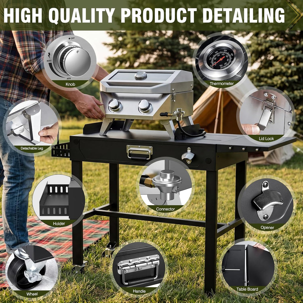 BESTFIRE 2-Burner Tabletop Propane Grill with Foldable Grill Cart, Portable Gas BBQ Station with Wheels & Prep Table, Dual-Fuel Setup for 1lb & 20lb Tanks, Stainless Steel Outdoor Kitchen for Camping
