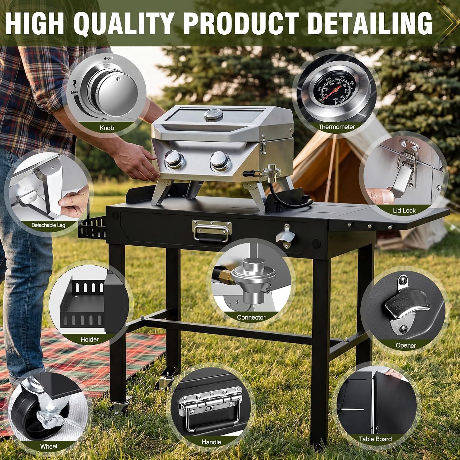 BESTFIRE 2-Burner Tabletop Propane Grill with Foldable Grill Cart, Portable Gas BBQ Station with Wheels & Prep Table, Dual-Fuel Setup for 1lb & 20lb Tanks, Stainless Steel Outdoor Kitchen for Camping