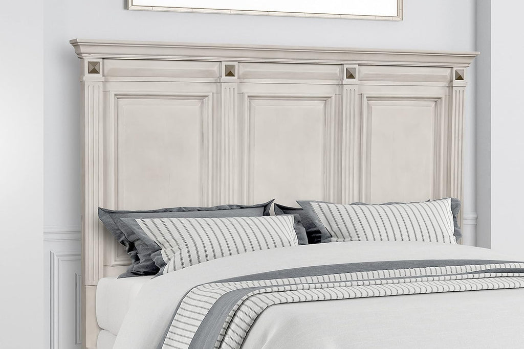 Roundhill Furniture Renova Distressed Parchment Wood Bedroom Set, Panel Bed, Dresser, Mirror, Nightstand, King