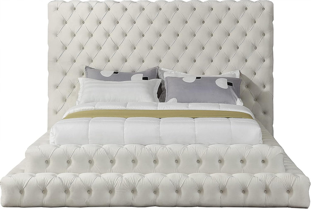 Meridian Furniture RevelCream-Q Revel Collection Modern | Contemporary Cream Velvet Upholstered Bed with Deep Button Tufting, 85' W x 98' D x 60' H, Cream, Queen