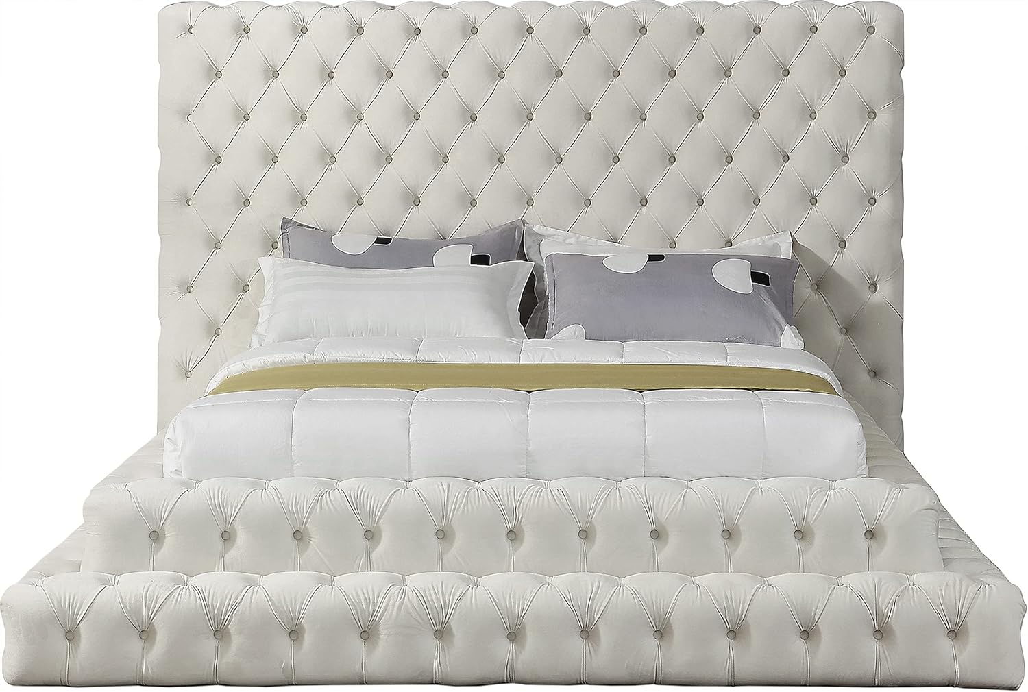 Meridian Furniture RevelCream-Q Revel Collection Modern | Contemporary Cream Velvet Upholstered Bed with Deep Button Tufting, 85' W x 98' D x 60' H, Cream, Queen