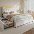 Homkdom Velvet Upholstered Full Size Bed Frame with 4 Storage Drawers, Vertical Arched LED Headboard, Sturdy Wood Slats Support, No Box Spring Needed, Beige