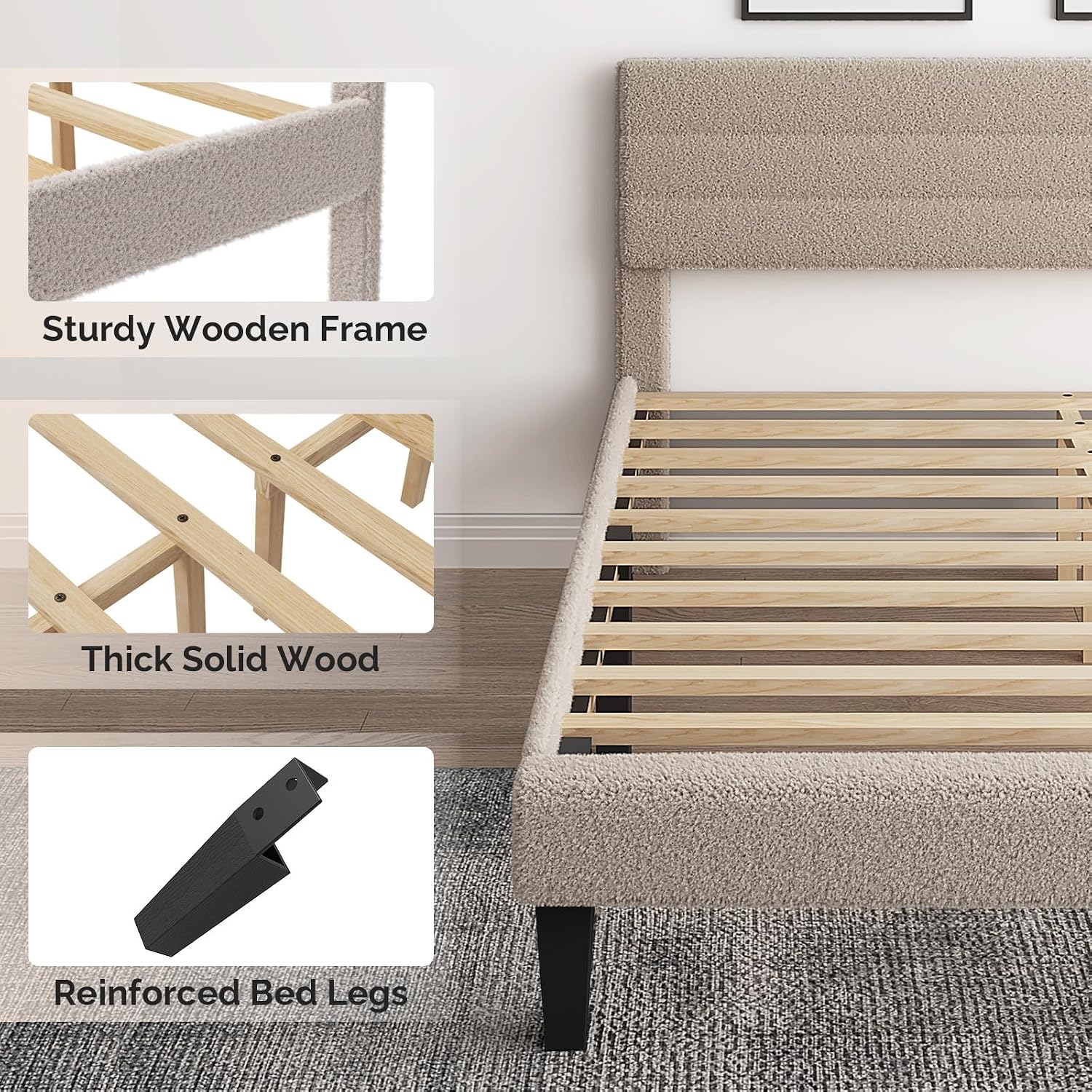 VINGLI Queen Bed Frame with Headboard, Upholstered Boucle Bed Frame,Cozy Low Profile Platform Bed with Wooden Slats and Fabric Adjustable Headboard, Mattress Foundation, Cream, Noise Free,Beige