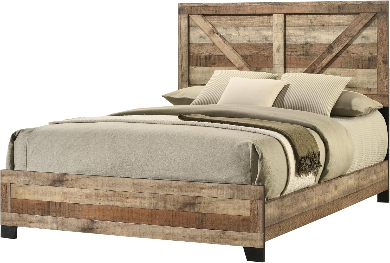 Kings Brand Furniture 3-Piece Antique Natural Bedroom Set – Wood Bed Frame with 2 Nightstands (Queen)