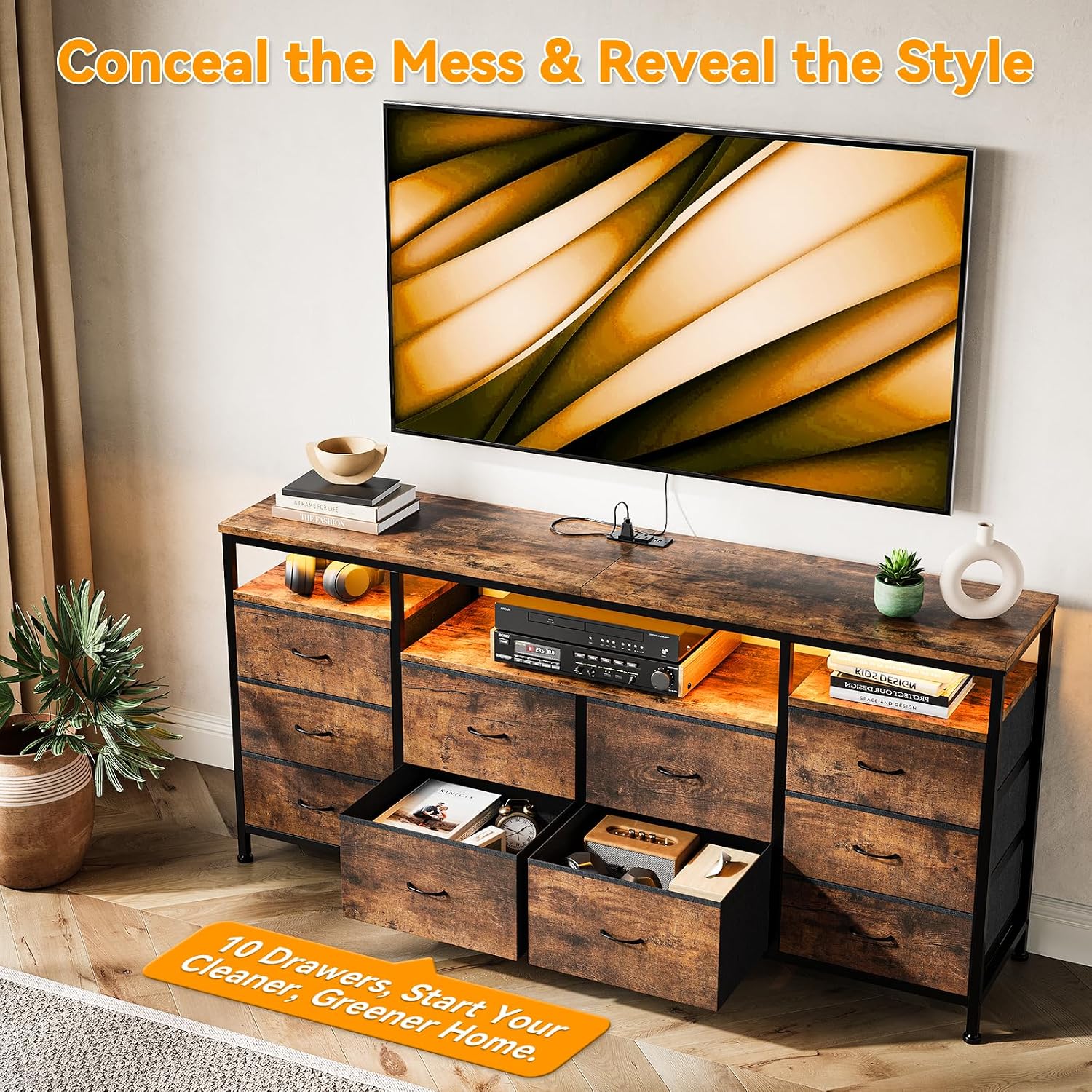 63.3 in Dresser for Bedroom, 10 Drawer Dresser TV Stand for 65 70 75 in TV, Fabric Chest of Drawers with LED Lights & Power Outlets, Long Entertainment Center for Closet, Living Room, Entryway