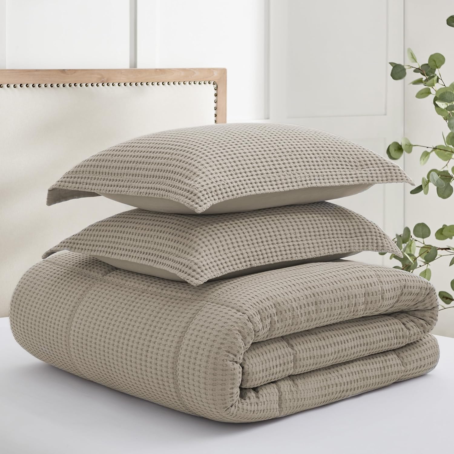 Levtex Home Mills Waffle King/Cal King Comforter Set (106x94in) with 2 Pillow Shams (36x20in) - Beige Fawn - 100% Cotton King Size Comforter Set - Soft, Pre-Washed