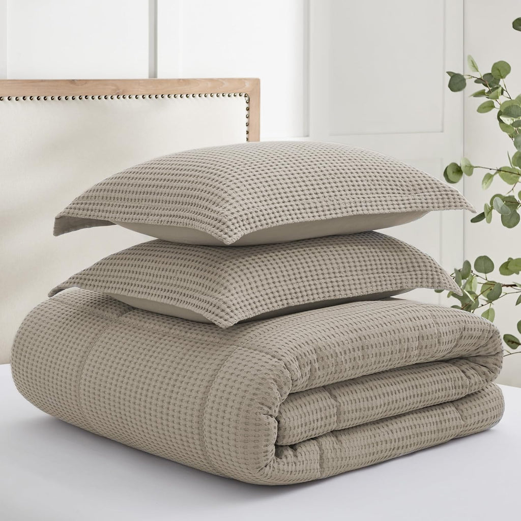 Levtex Home Mills Waffle Full/Queen Comforter Set (90x94in) with 2 Pillow Shams (26x20in) - Beige Fawn - 100% Cotton Full/Queen Size Comforter Set - Soft, Pre-Washed