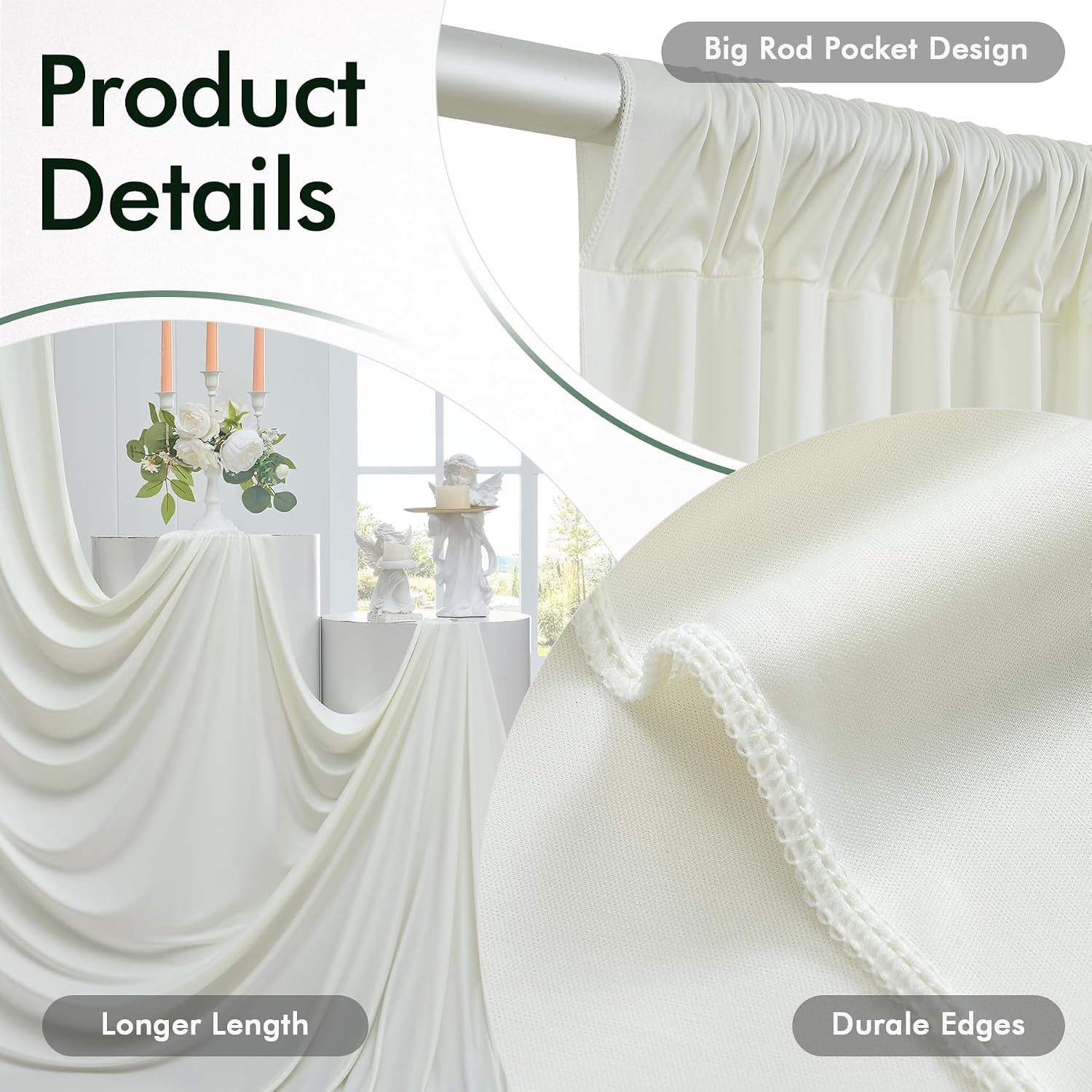 50ftx12ft Wrinkle Free Ivory Backdrop Curtain, 10 Panels 12FT Height Ivory Wedding Backdrop Drapes, Silky Polyester Back Drop Cloth for Birthday Photography Background Party Backdrop Draping