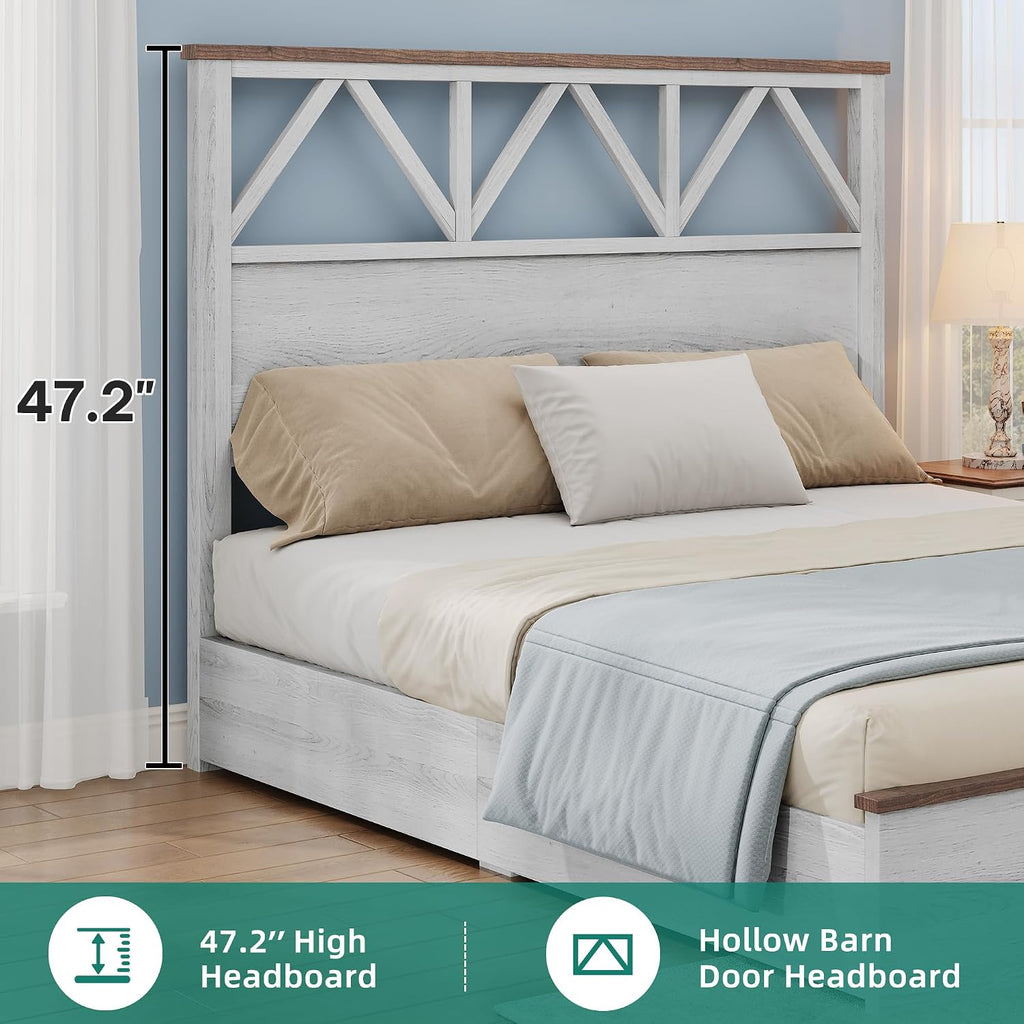 YITAHOME Farmhouse Full Size Bed Frame with 47.2'' Headboard, Platform Rustic Wood Bed Frame with Slats, Sturdy and Noiseless, No Spring Needed, White