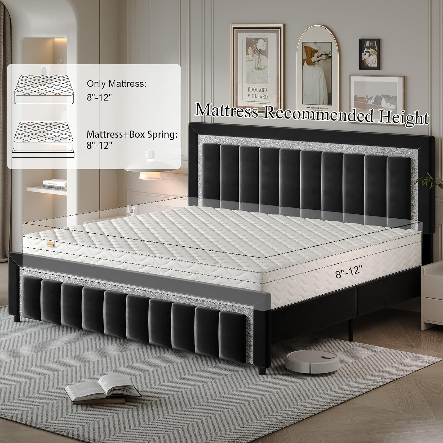 HOMBCK King Size Bed Frame with Headboard, Velvet Upholstered Bed with Diamond Design, Upholstered Platform Bed Frame with Wooden Slats Support, No Box Spring Needed, Easy Assembly, Black