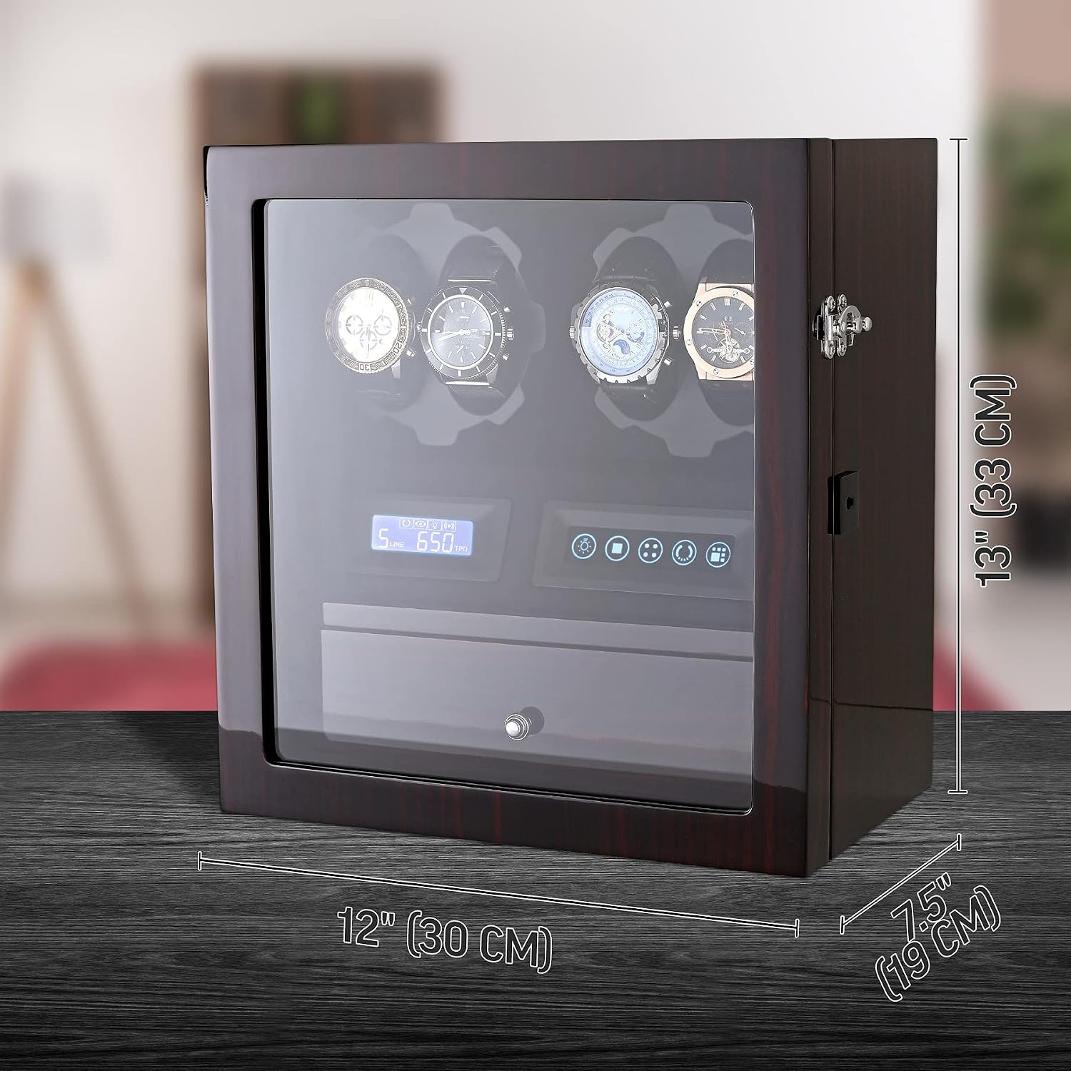 4 Watch Winder with 5 Watch Storage Space, LCD Display, Touch Control and Interior Light