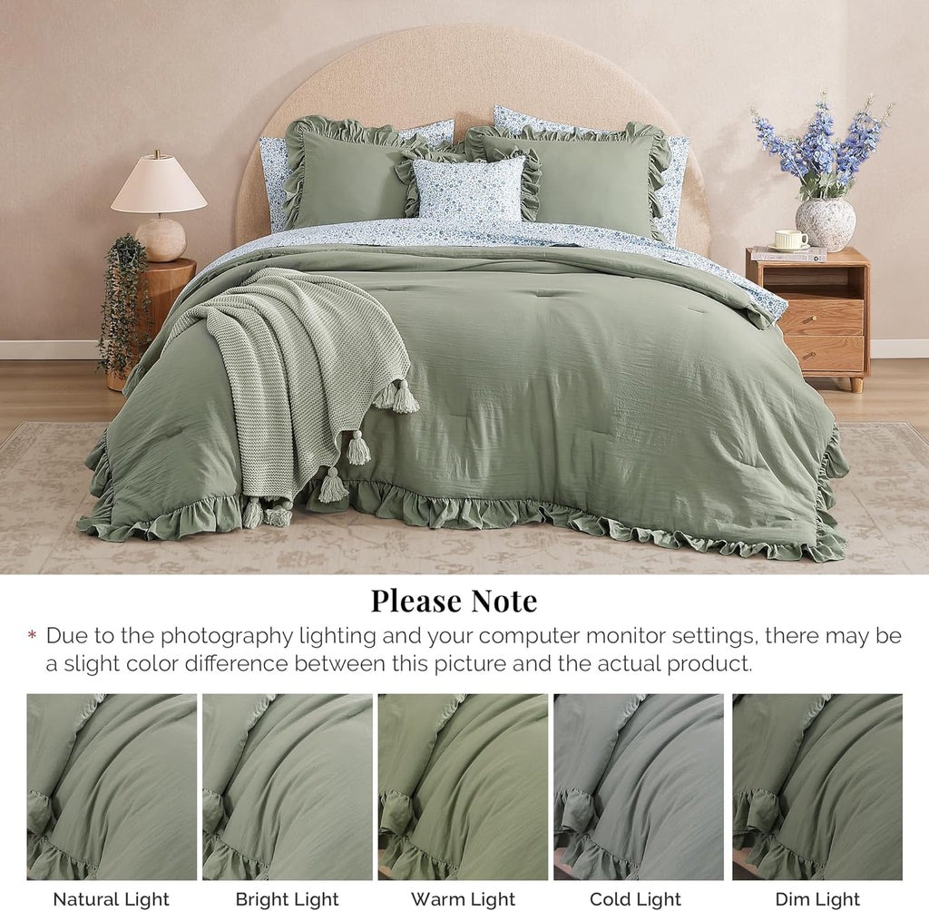BLOOMHAVEN Oversized King Comforter Set - 7 Pieces Ruffle Sage Leaf Bedding Sets, Shabby Chic Farmhouse Bed in a Bag with Ruffle Comforter, Floral Sheets, Pillowcases & Shams