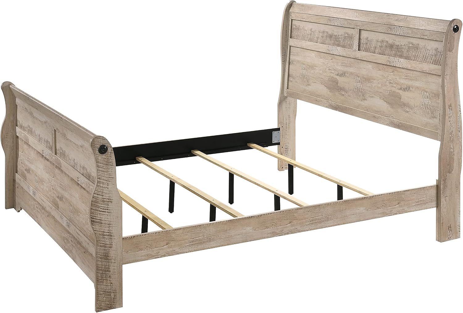 Roundhill Furniture Imerland White Wash Finish 3-Piece Bedroom Set-Sleigh Bed and Two Nightstands, King Size
