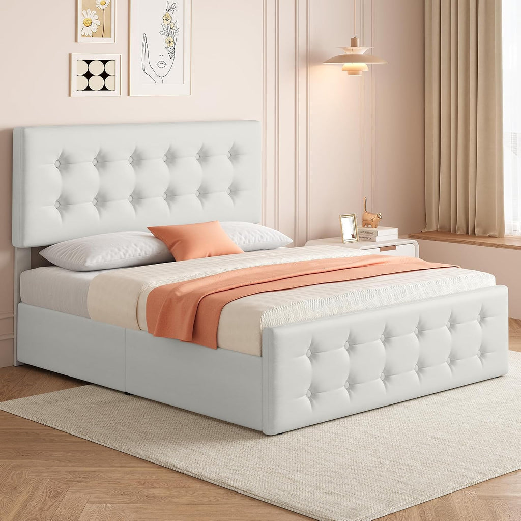IDEALHOUSE Full Size Bed Frame with 4 Storage Drawers and Headboard, Faux Leather Upholstered Platform Bed Frame with Wooden Slats Support, Button Tufted Design, No Box Spring Needed, Beige