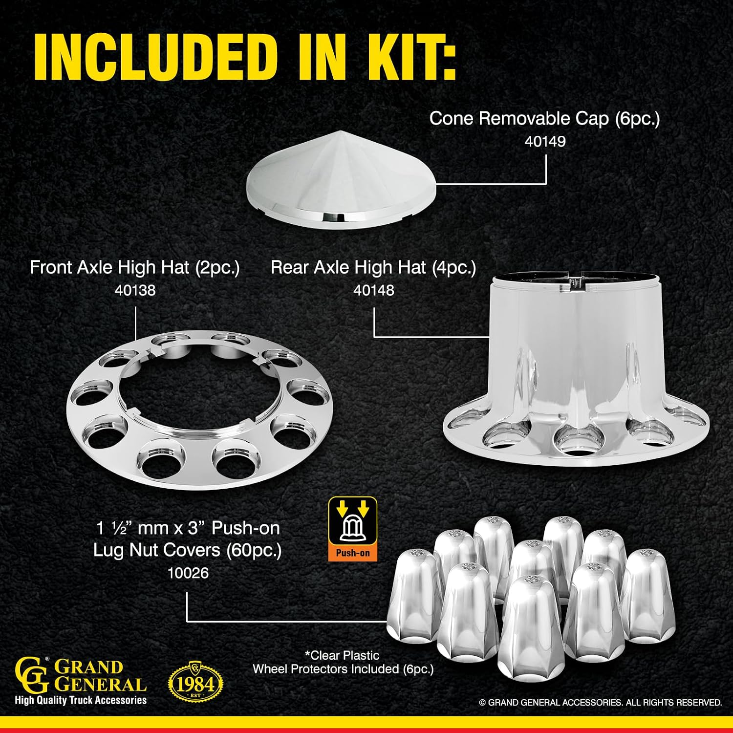 GG Grand General 40235 Chrome Plastic Complete ABS Axle Set (2 Front and 4 Rear) with Cone Type Hub Caps with Push-On Lug Nut Covers for Trucks, 4 Pack