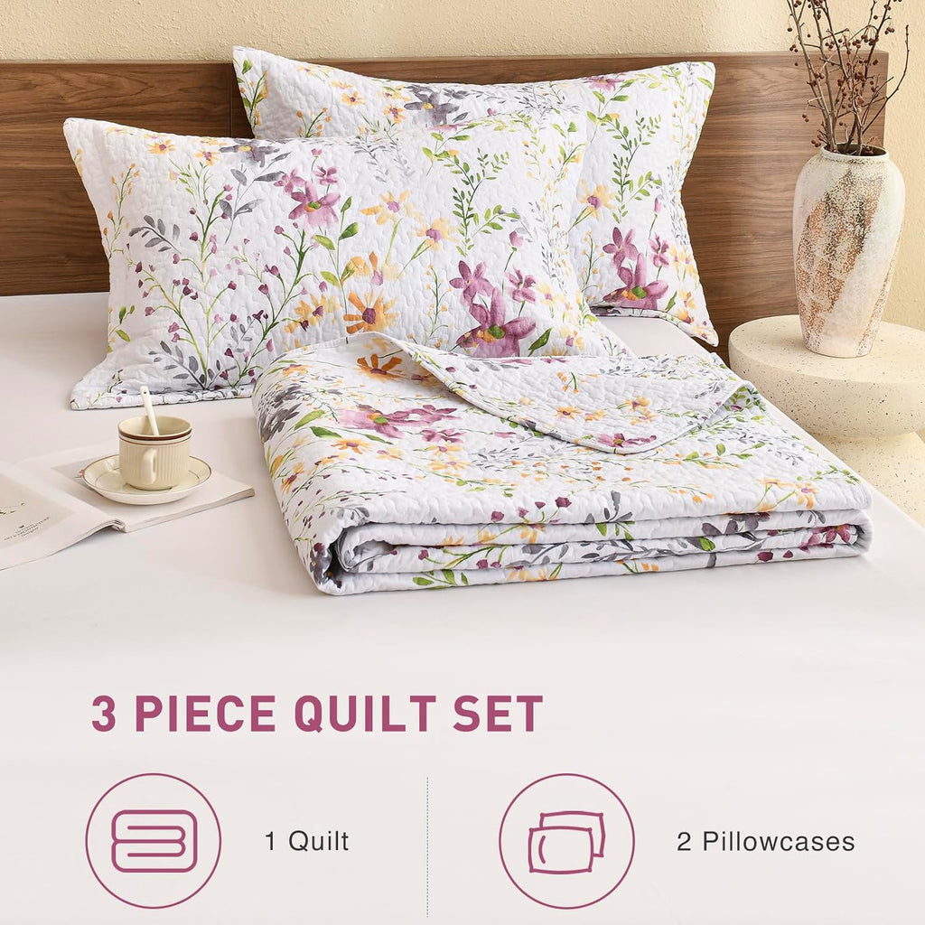 Lady Ann Wild Floral Printed Bed King Quilt Set 100% Cotton Yellow Flower Botanical Pattern Bedding, Vintage Lightweight Coverlet Ultra Soft Bedspread Set with Pillow Shams for All Season, 3 PCS