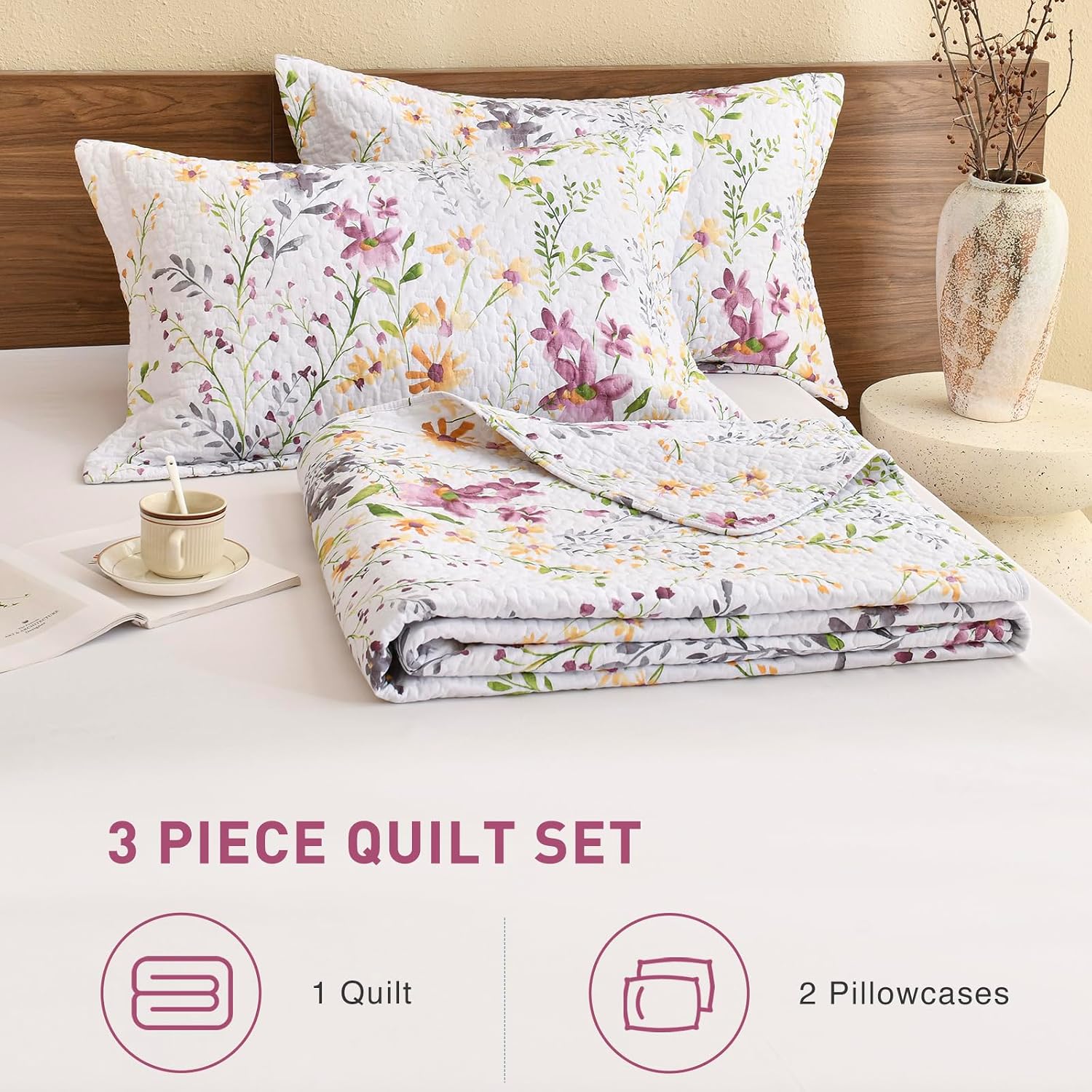 Lady Ann Wild Floral Printed Bed Quilt Sets Queen 100% Cotton Yellow Flower Botanical Pattern Bedding, Vintage Lightweight Coverlet Ultra Soft Bedspread Set with Pillow Shams for All Season, 3 PCS