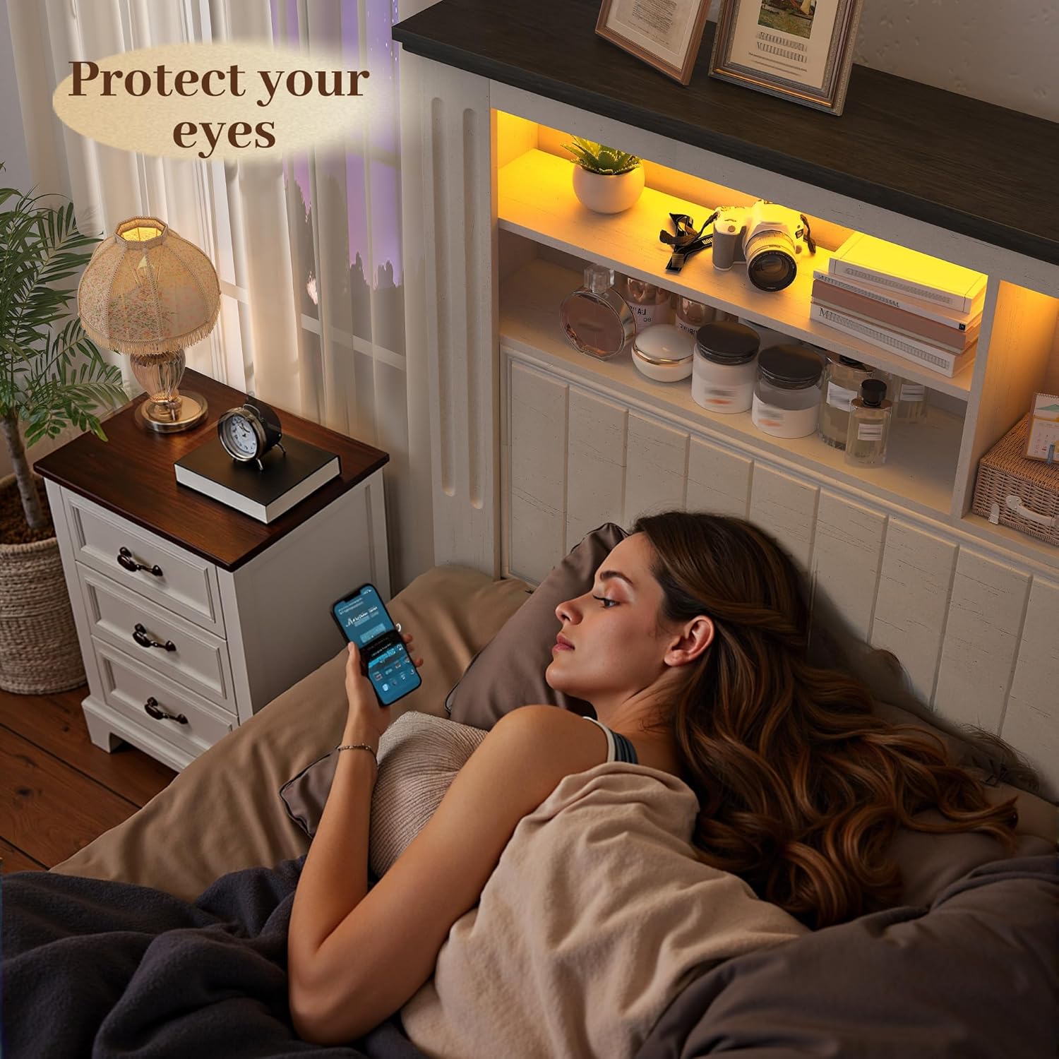 EnHomee Full Size Bed Frame with Storage, Full Bed Frame with 4 Drawers Charging Port & LED,Bed Frame with Headboard Built in Charging Station,No Box Spring Needed,NO Noise,White with Grain Marks