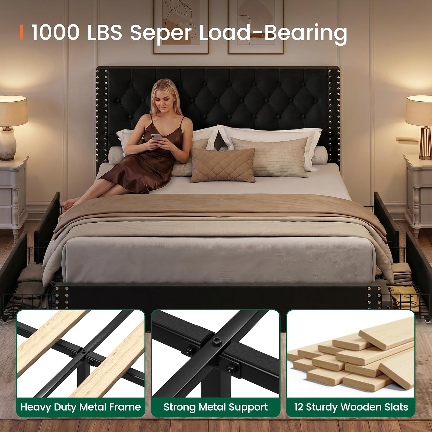 LARMACE King Size Bed Frame with 4 Storage Drawers and Tufted Headboard Velvet Upholstered Platform Bed Frame with Heavy Duty Wood Slats, No Box Spring Needed, Easy Assembly,Black
