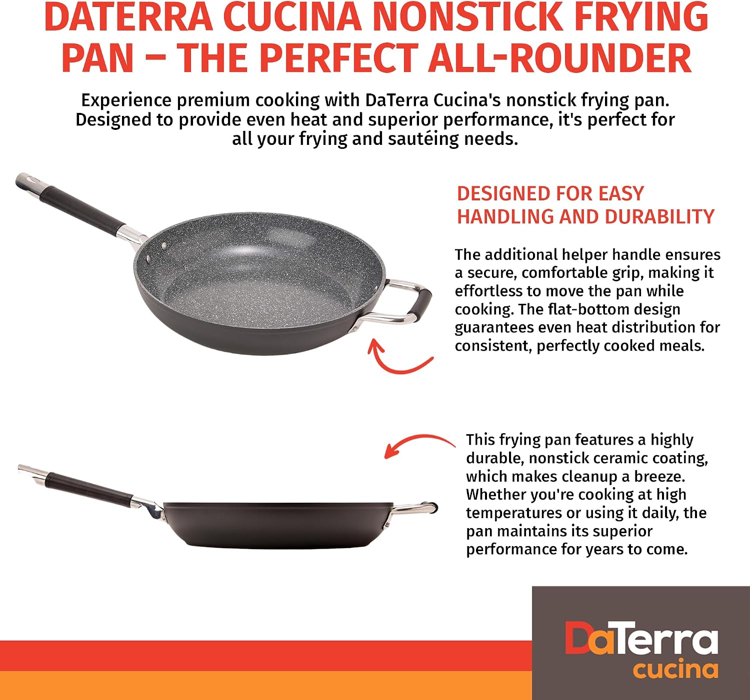 DaTerra Cucina 13' Non-stick Ceramic Frying Pan - Large Nonstick Frying Pan for Cooking - Induction Compatible & Oven Safe, High Heat Resistant - PTFE, Lead, Cadmium & PFOA Free, Made in Italy - Black