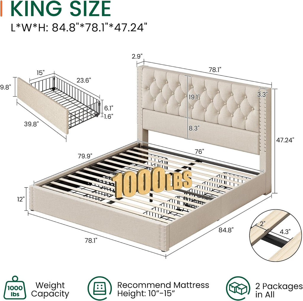 LARMACE King Size Bed Frame with 4 Storage Drawers and Tufted Headboard Linen Upholstered Platform Bed Frame with Heavy Duty Wood Slats, No Box Spring Needed, Easy Assembly, Beige