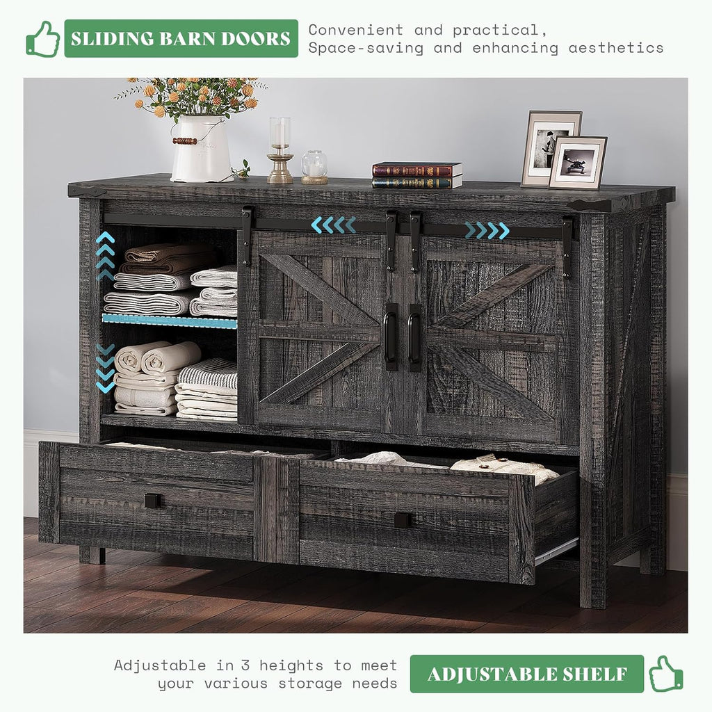 AMERLIFE 4-Piece Farmhouse Bedroom Set in Black Oak, Queen Size Bed Frame with Bookcase Headboard, 5-Drawer Tall Dresser, 47'' Dresser with 4 Drawers, 60' Dresser with 4 Drawers